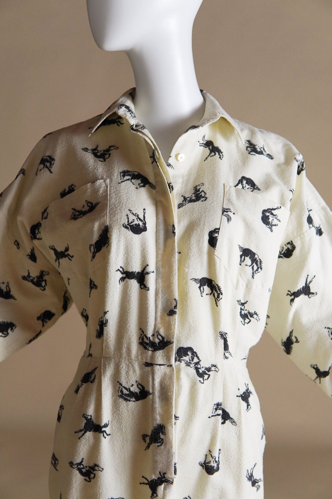 1980s Norma Kamali flannel cream dress with black horse pattern - S/M
