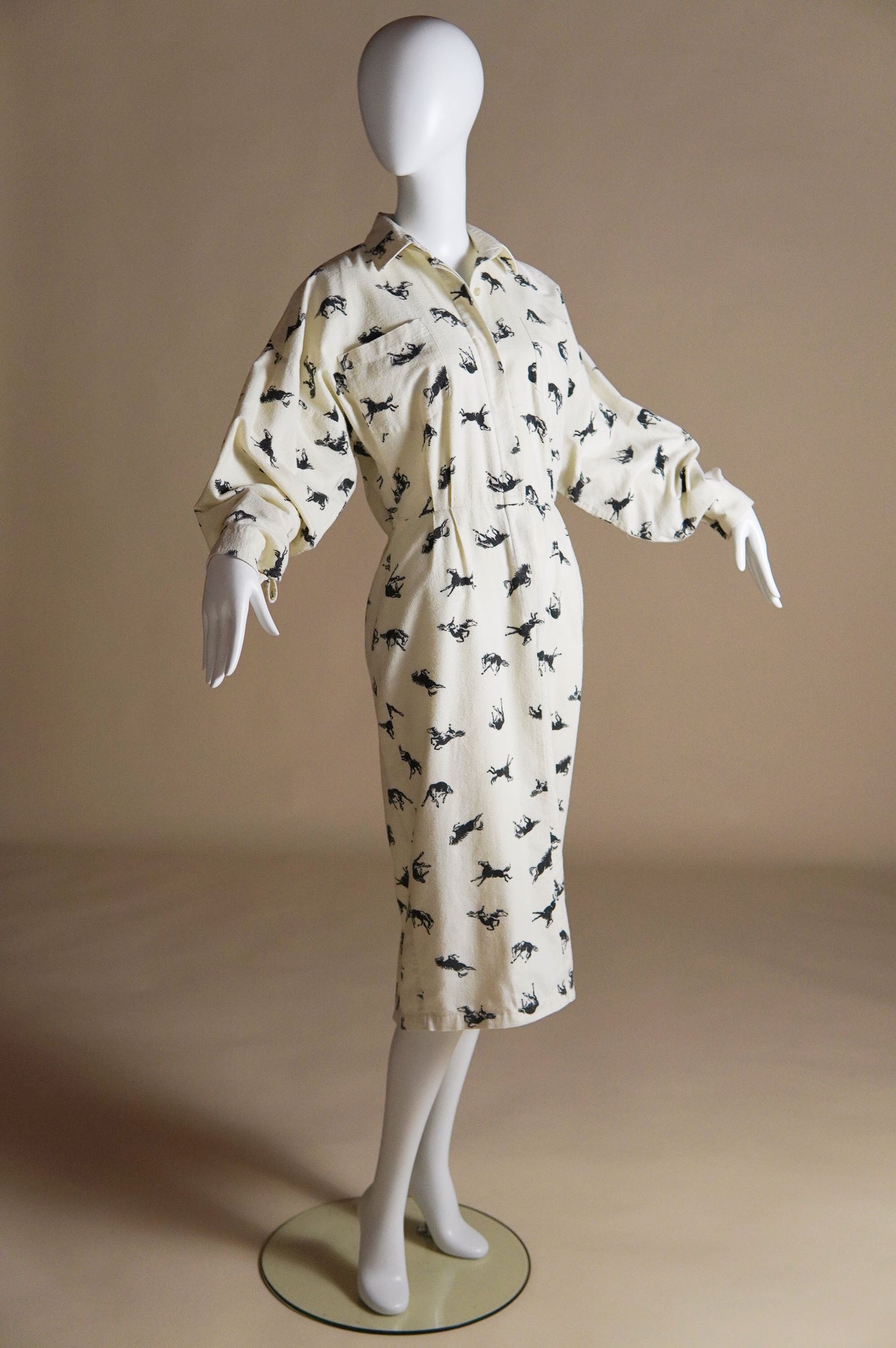 1980s Norma Kamali flannel cream dress with black horse pattern - S/M