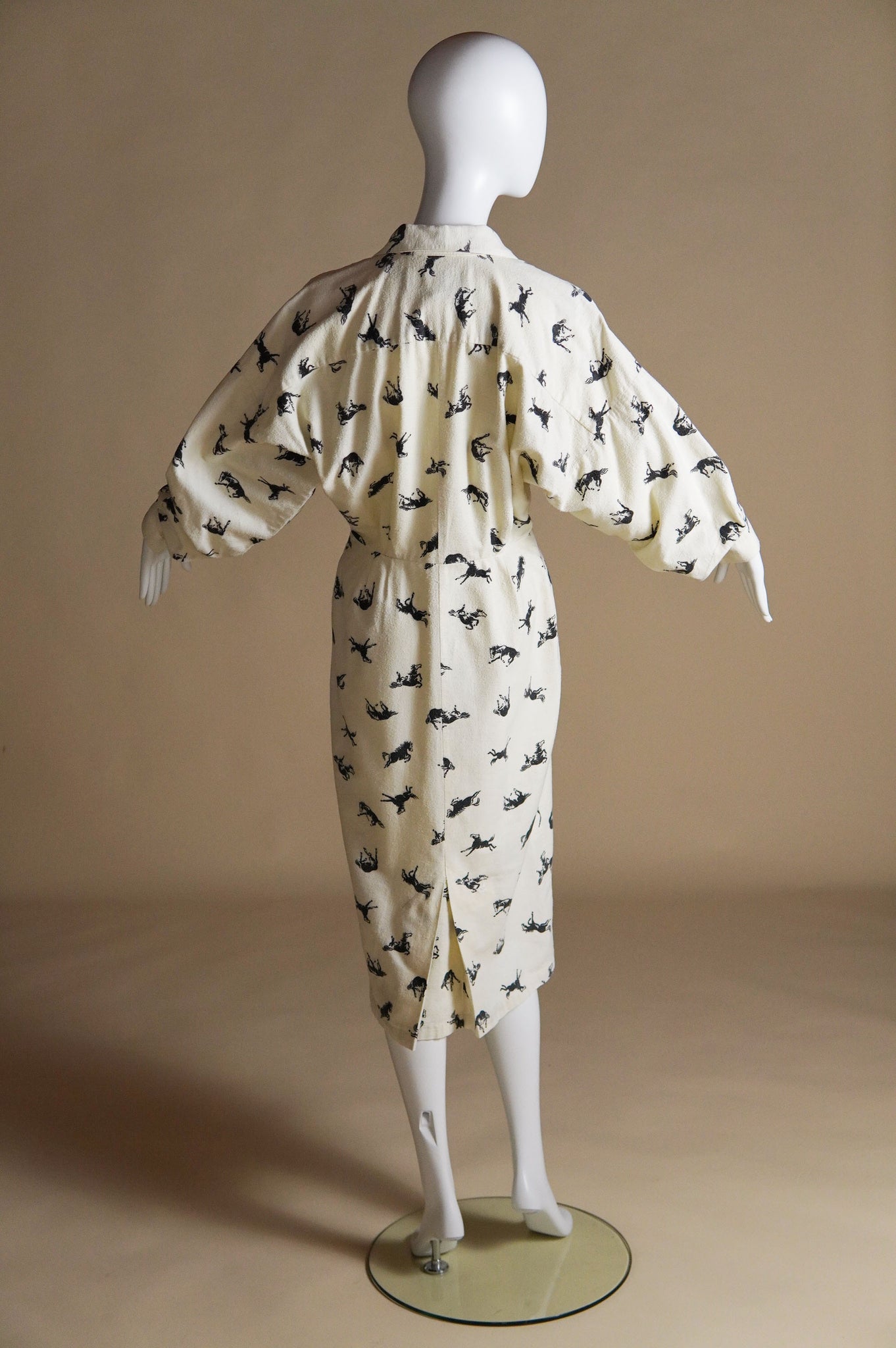 1980s Norma Kamali flannel cream dress with black horse pattern - S/M