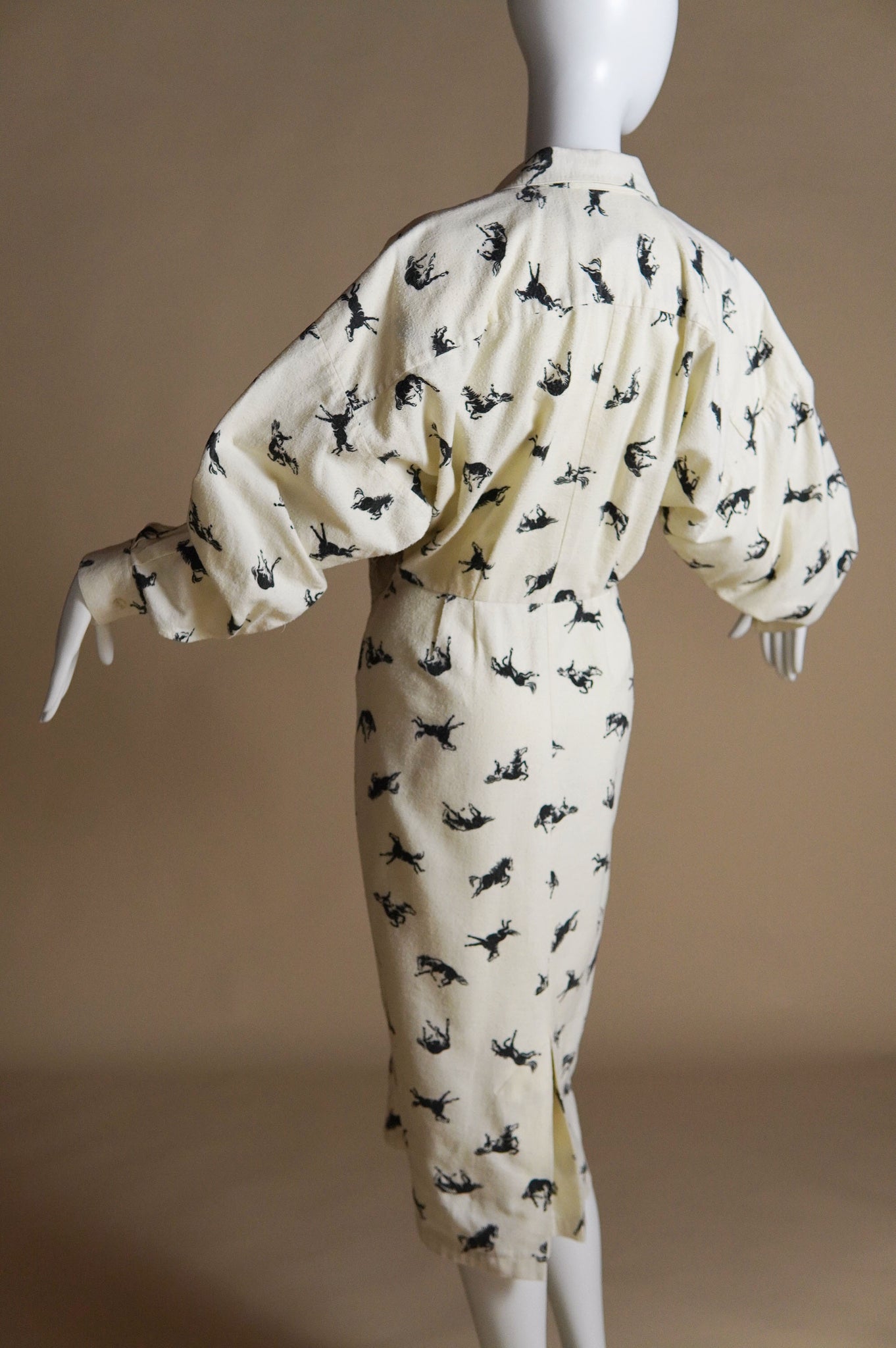 1980s Norma Kamali flannel cream dress with black horse pattern - S/M