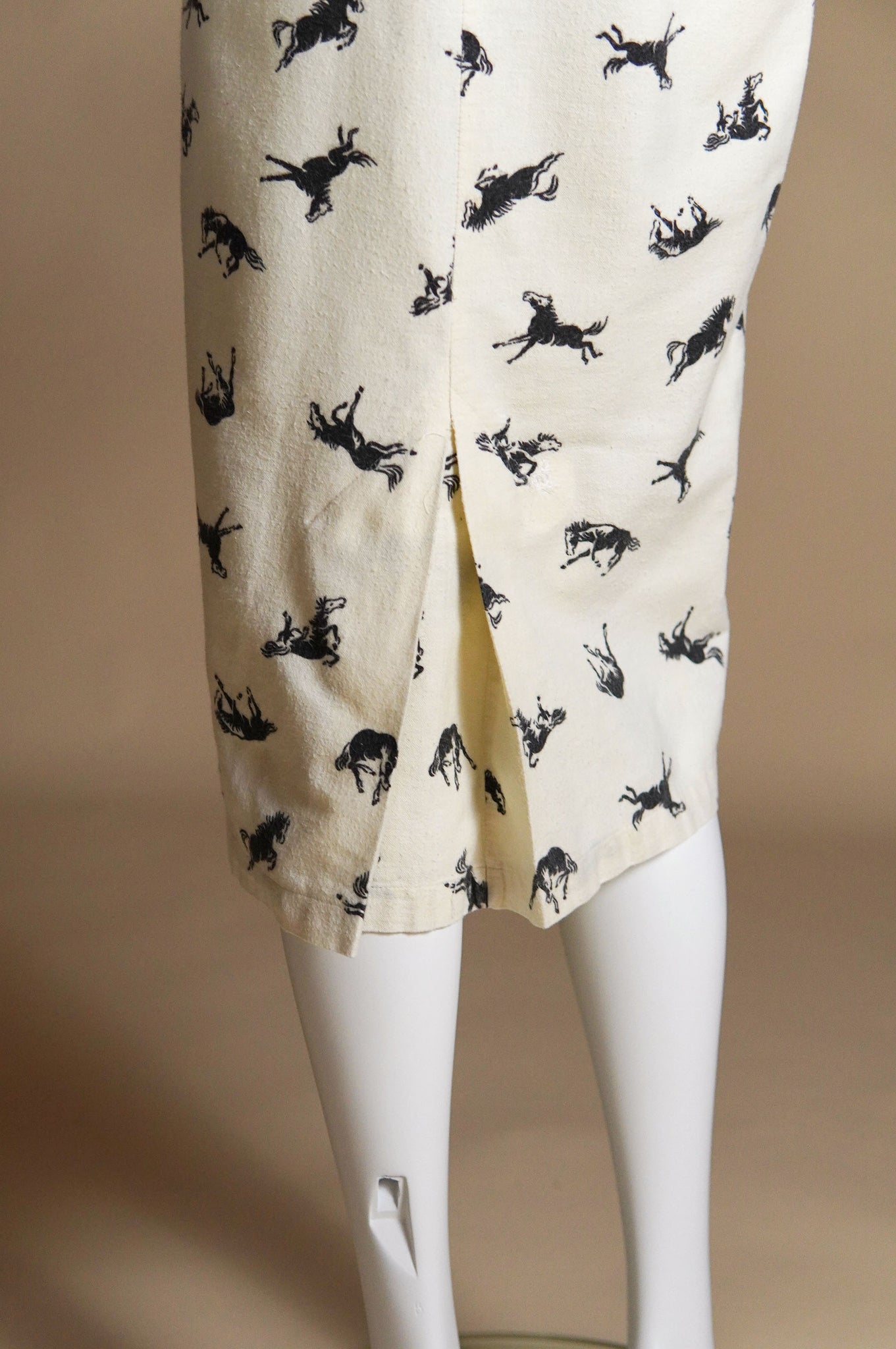 1980s Norma Kamali flannel cream dress with black horse pattern - S/M