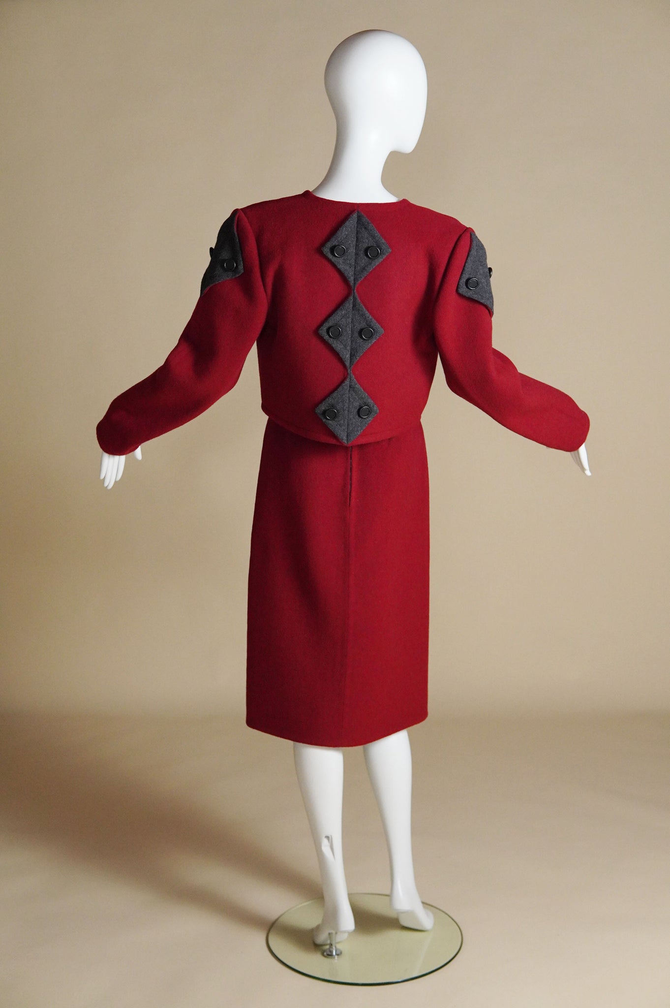 early Bob Mackie red wool suit with grey diamond shaped detail - XS
