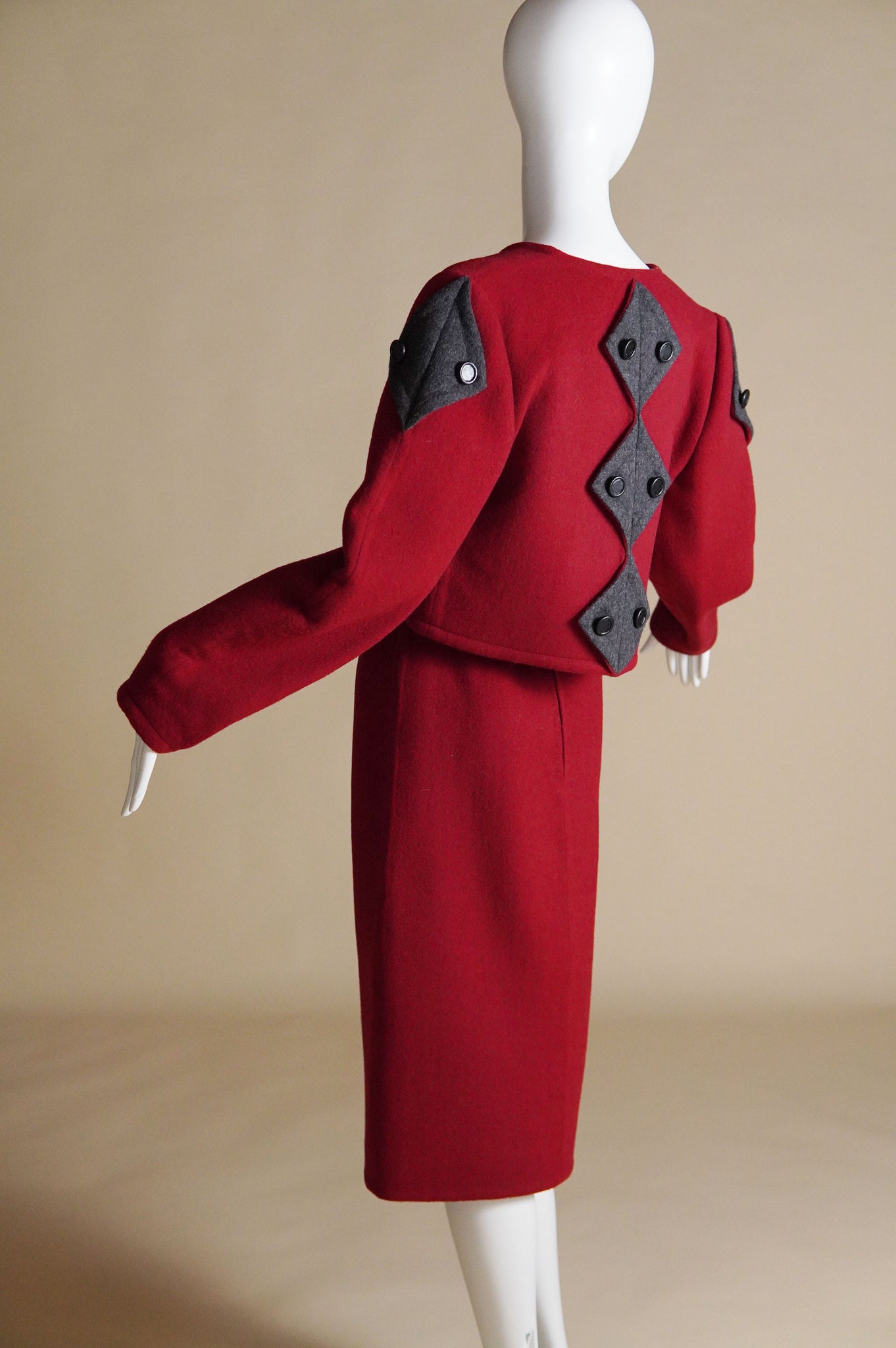 early Bob Mackie red wool suit with grey diamond shaped detail - XS