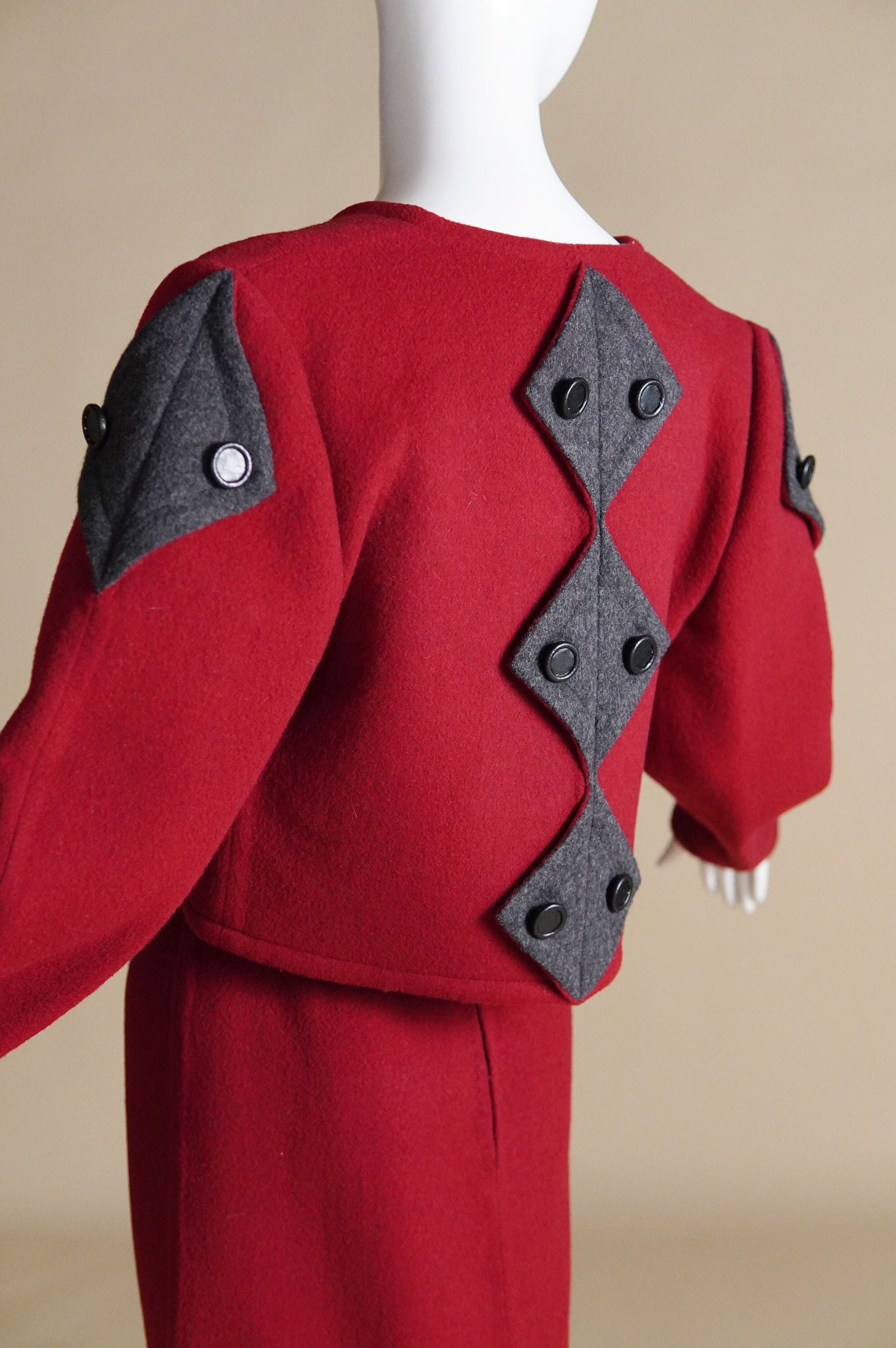 early Bob Mackie red wool suit with grey diamond shaped detail - XS