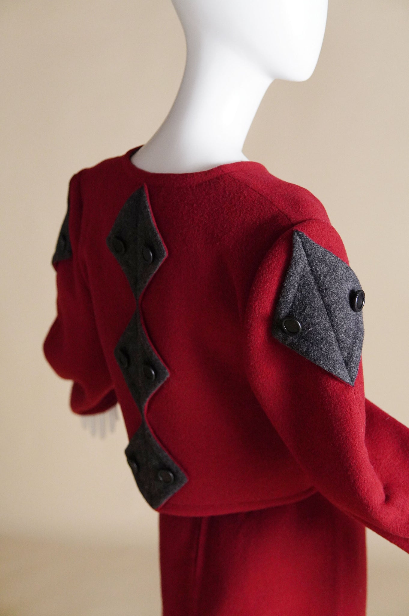 early Bob Mackie red wool suit with grey diamond shaped detail - XS