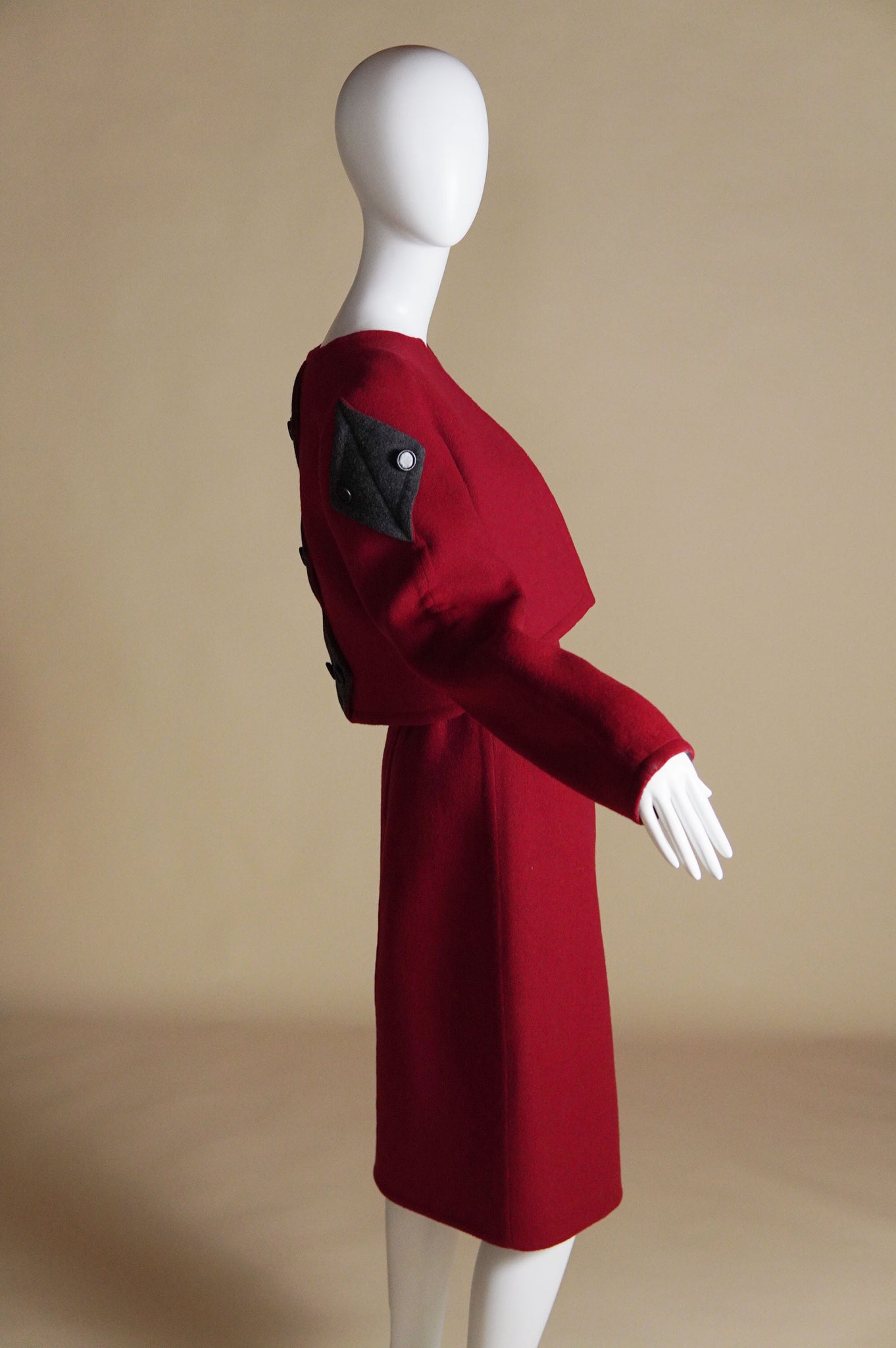 early Bob Mackie red wool suit with grey diamond shaped detail - XS