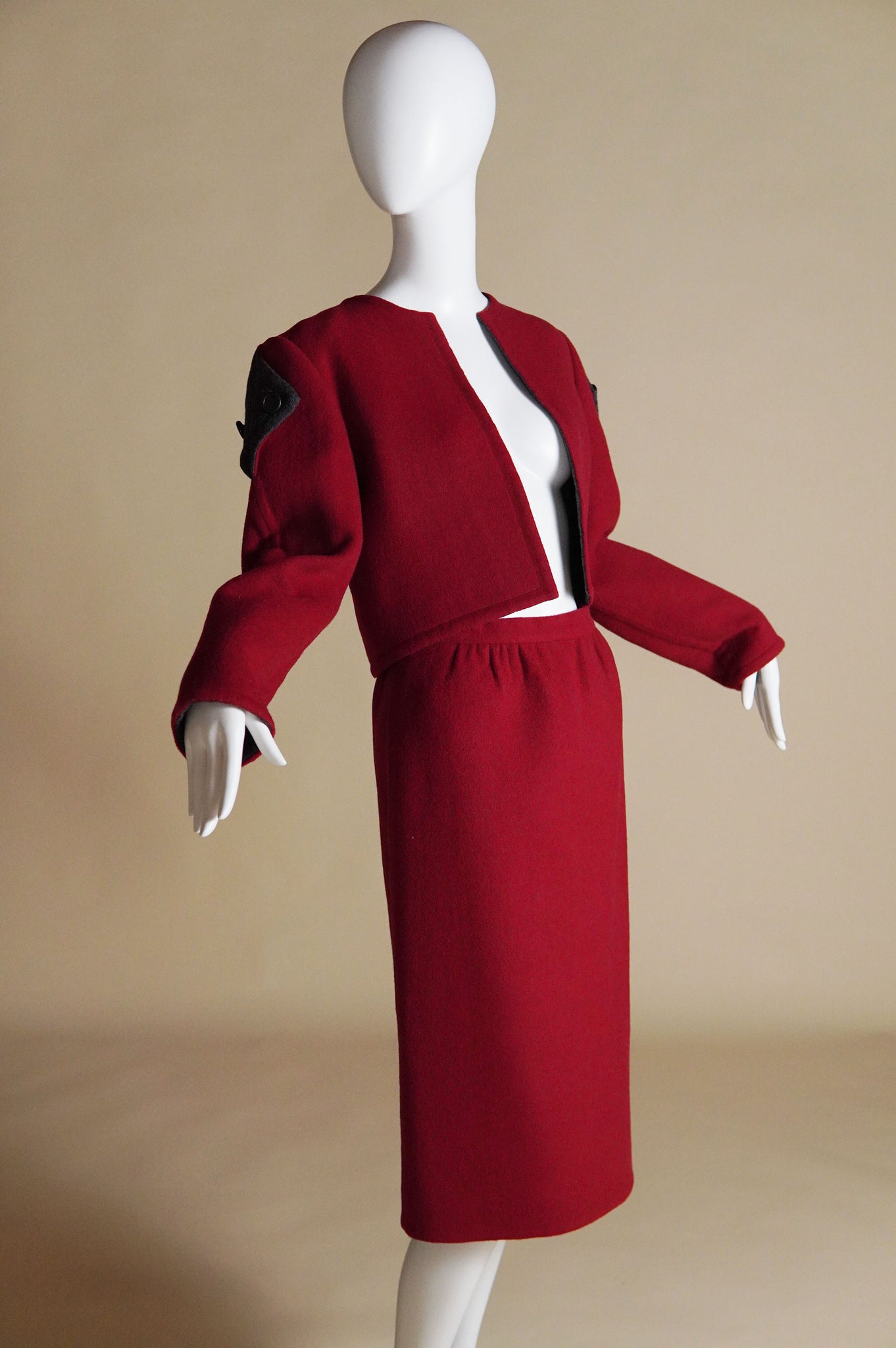 early Bob Mackie red wool suit with grey diamond shaped detail - XS