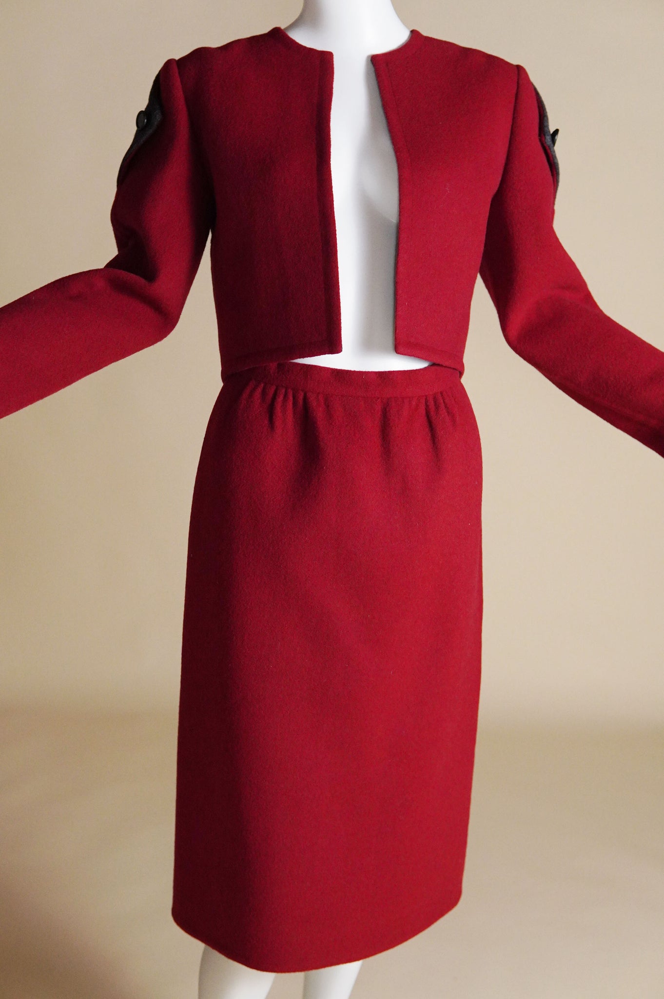 early Bob Mackie red wool suit with grey diamond shaped detail - XS