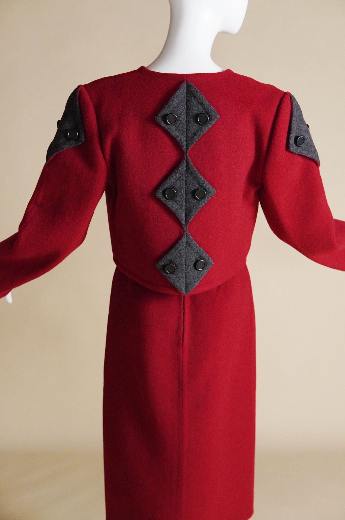 early Bob Mackie red wool suit with grey diamond shaped detail - XS