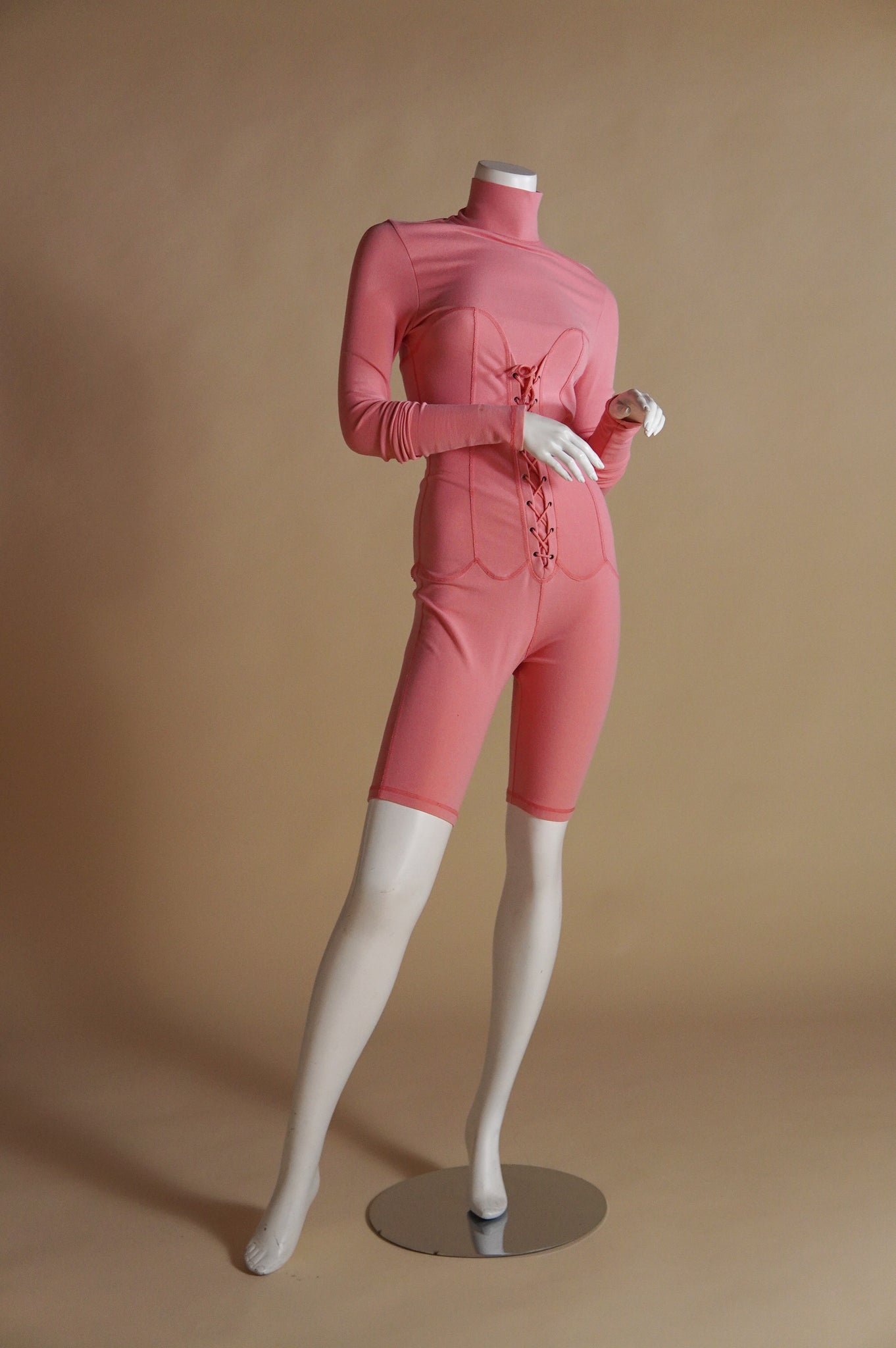 F/W 1991 Chantal Thomass pink runway jumpsuit with faux corset and contrast stitch - S/M