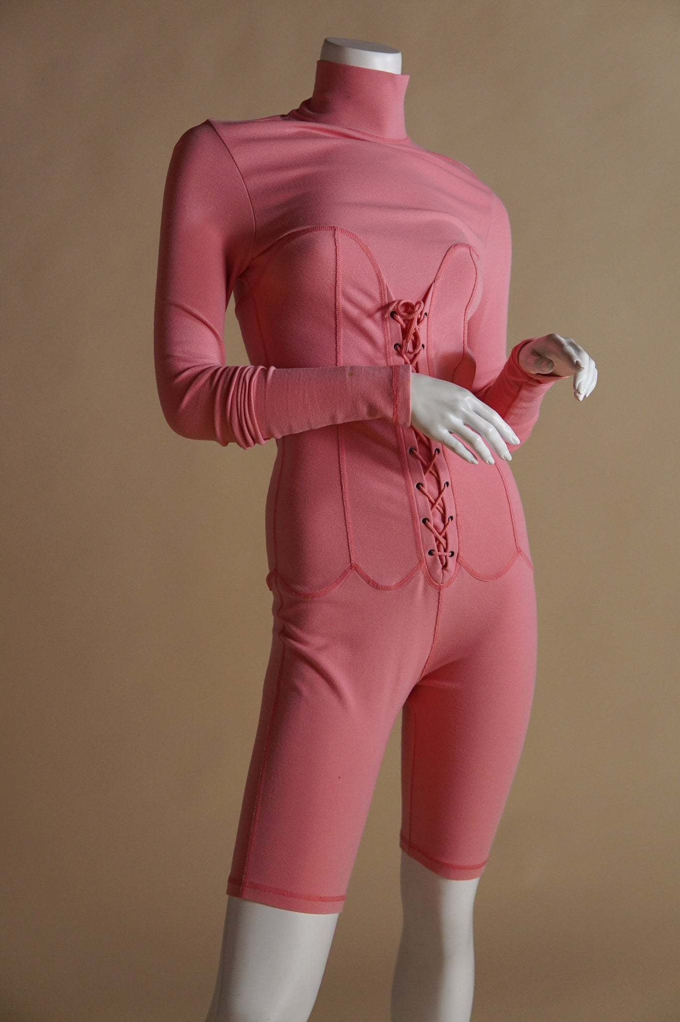 F/W 1991 Chantal Thomass pink runway jumpsuit with faux corset and contrast stitch - S/M