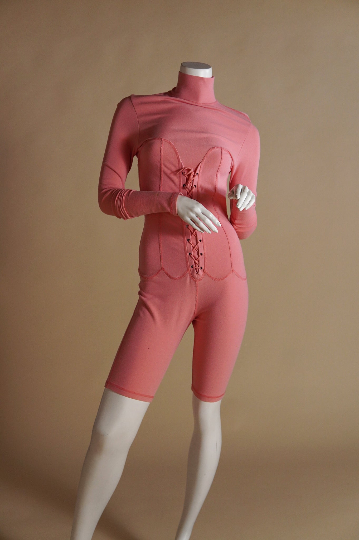 F/W 1991 Chantal Thomass pink runway jumpsuit with faux corset and contrast stitch - S/M