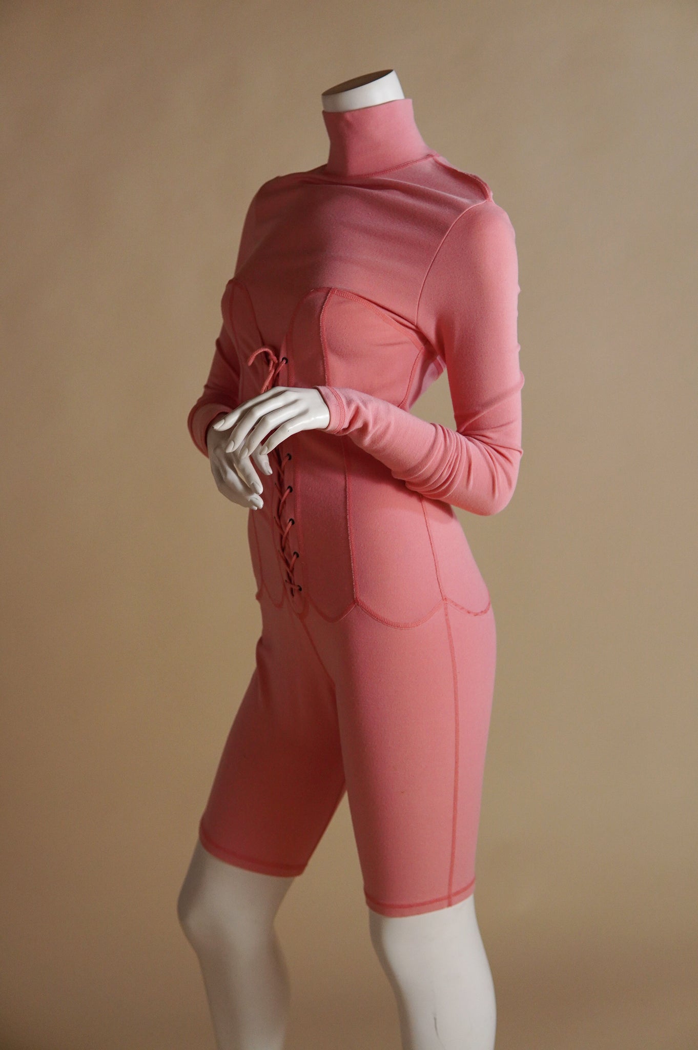 F/W 1991 Chantal Thomass pink runway jumpsuit with faux corset and contrast stitch - S/M