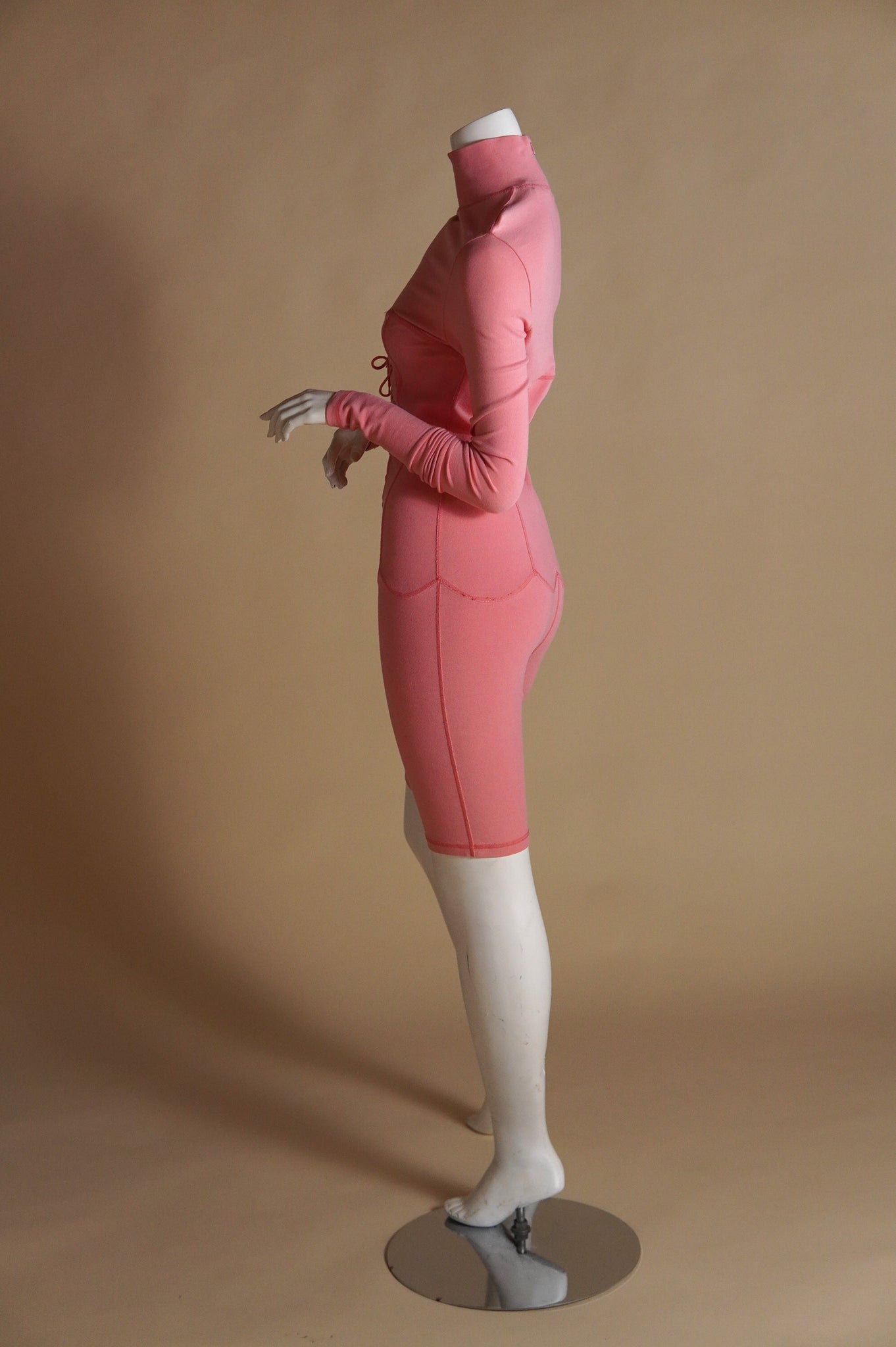 F/W 1991 Chantal Thomass pink runway jumpsuit with faux corset and contrast stitch - S/M