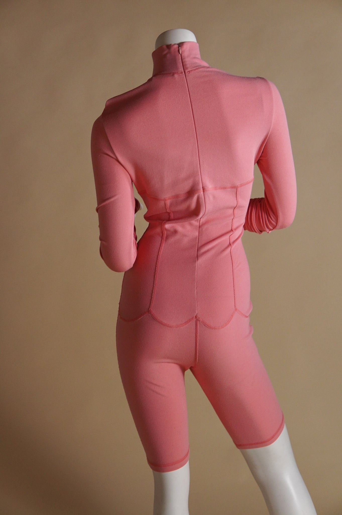 F/W 1991 Chantal Thomass pink runway jumpsuit with faux corset and contrast stitch - S/M