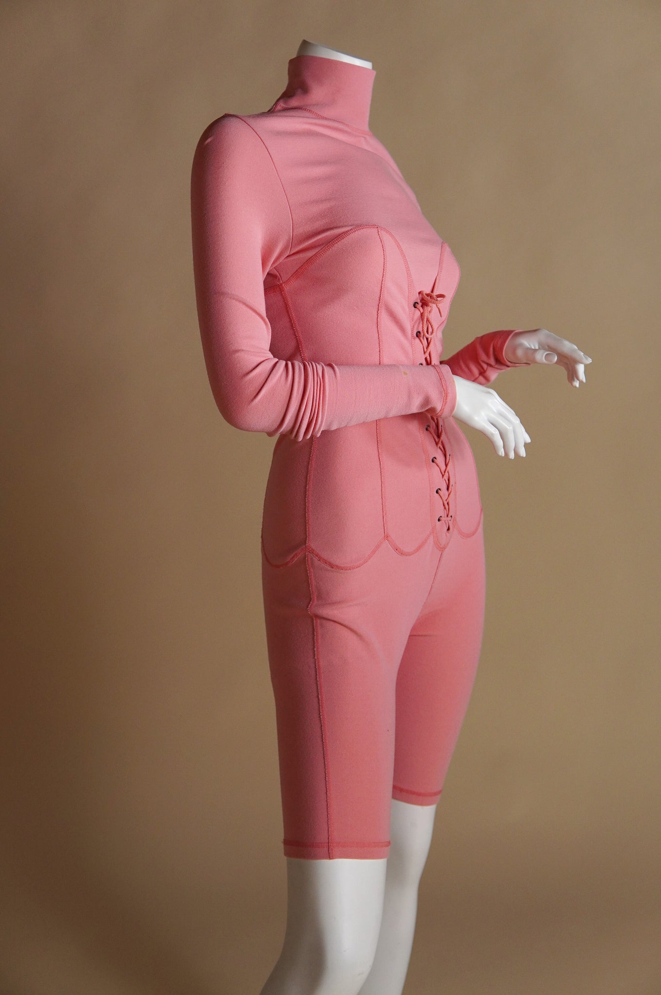 F/W 1991 Chantal Thomass pink runway jumpsuit with faux corset and contrast stitch - S/M