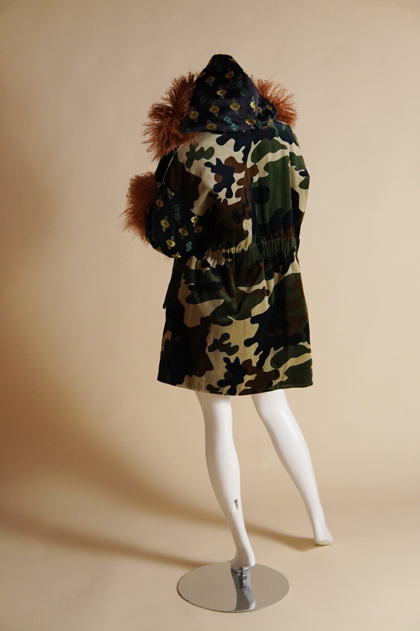 F/W 1994 Complice by Dolce & Gabbana camo coat with brocade sleeves and Mongolian fur trim - M/L/XL