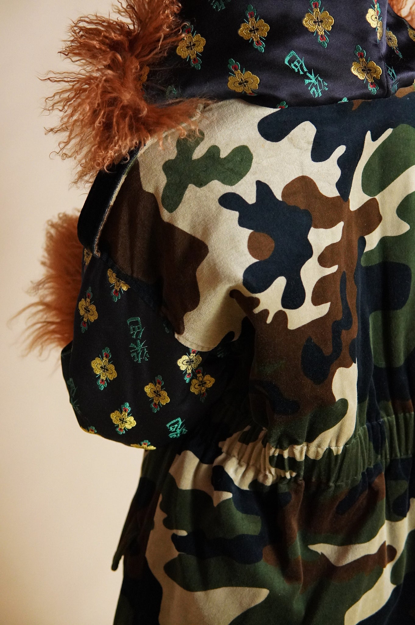 F/W 1994 Complice by Dolce & Gabbana camo coat with brocade sleeves and Mongolian fur trim - M/L/XL