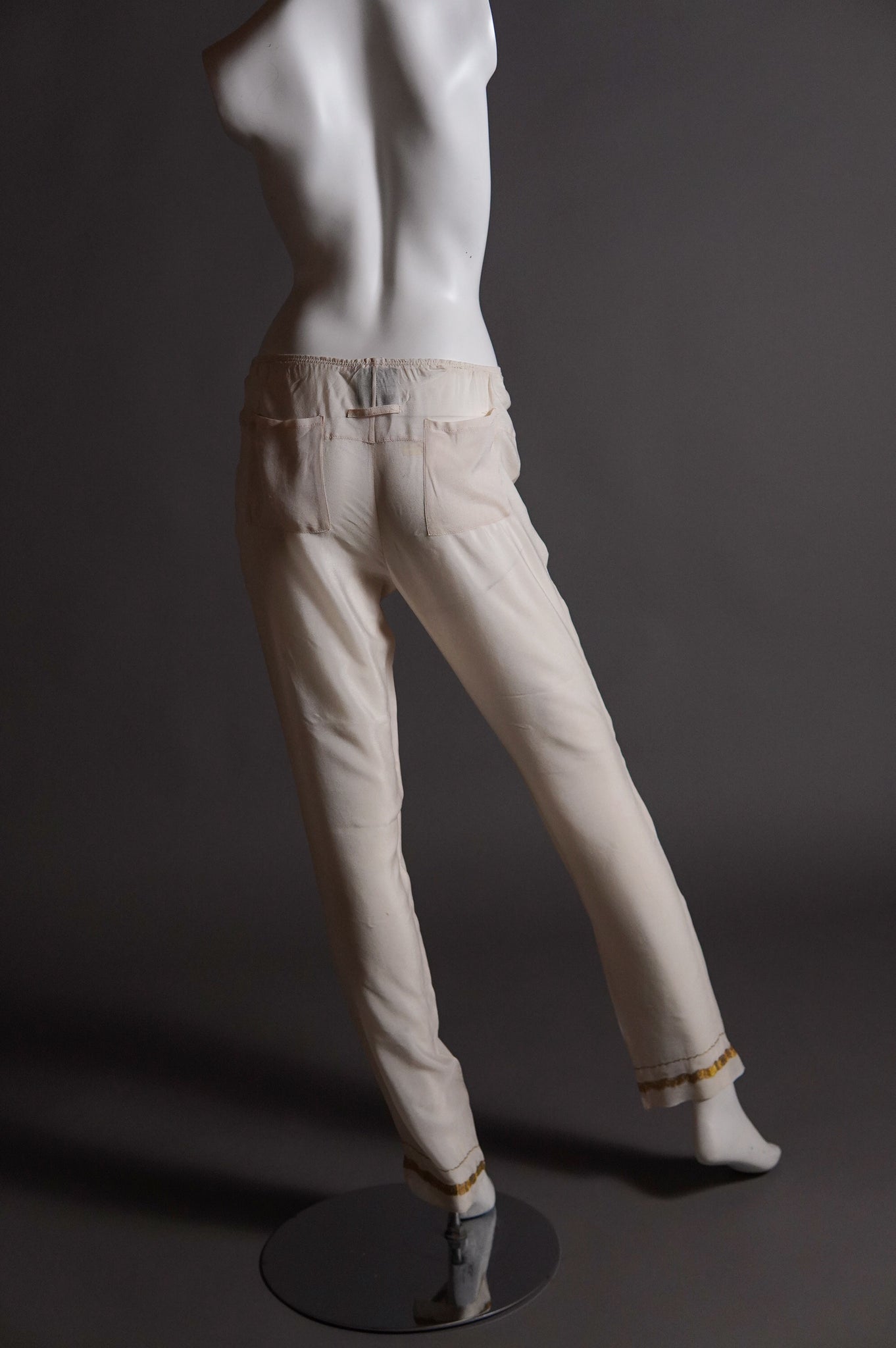 S/S 1997 Jean Paul Gaultier sheer silk chiffon pants with gold foil trim - XS/S