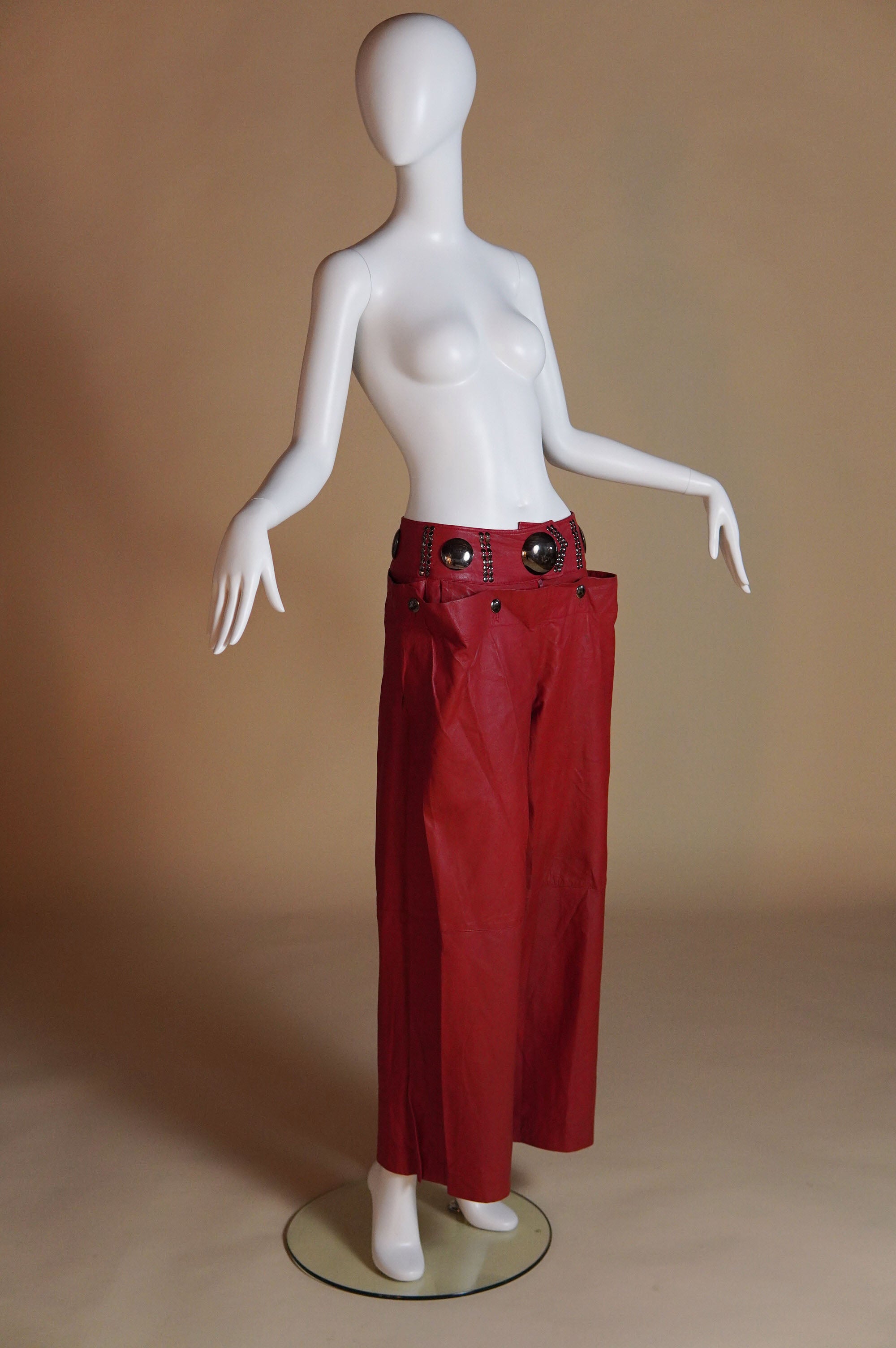 1980s rare Issey Miyake red leather pants with unique hardware - S 