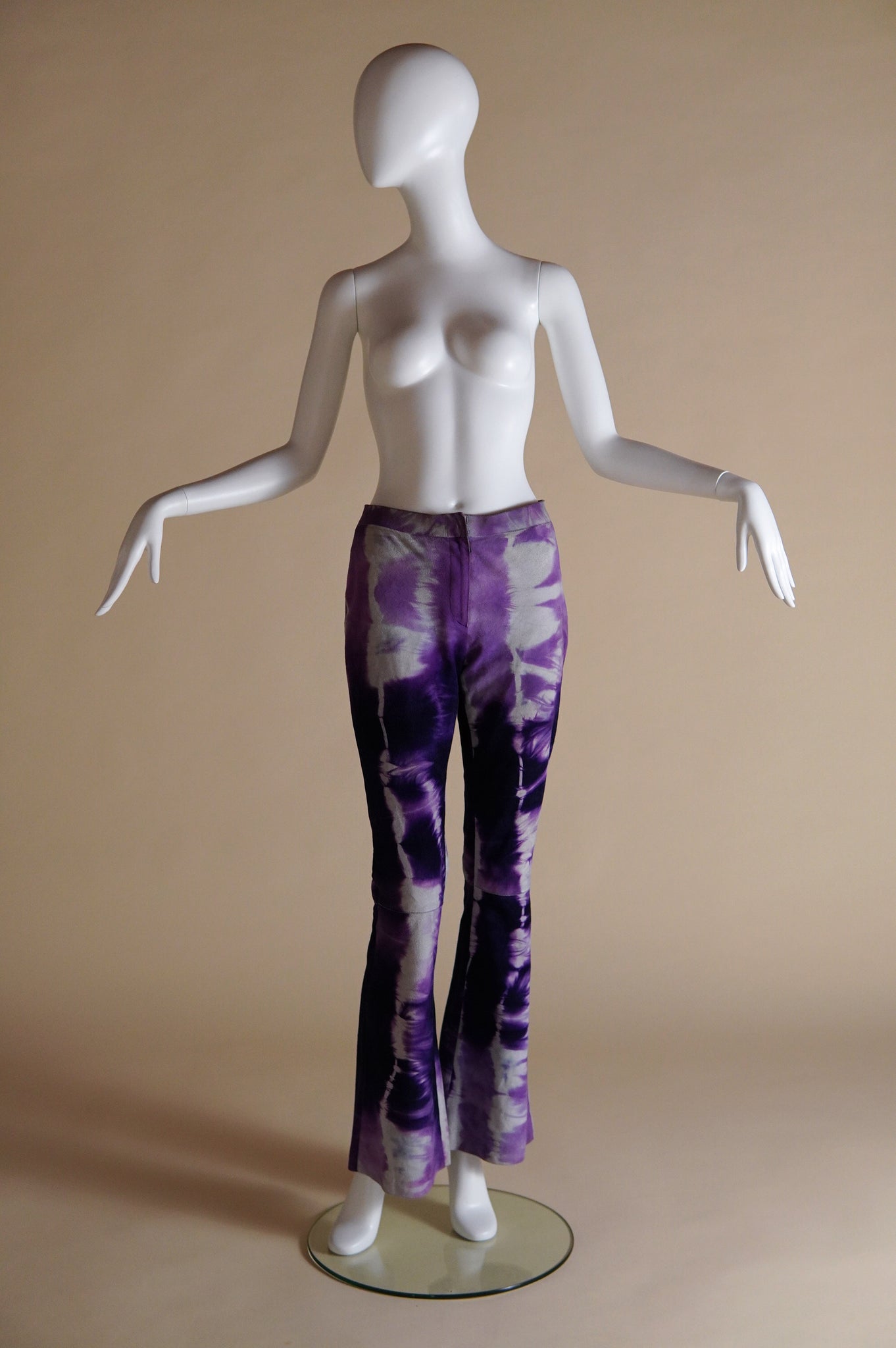 F/W 1999 Gucci by Tom Ford documented suede tie-dye purple and grey flare pant - S