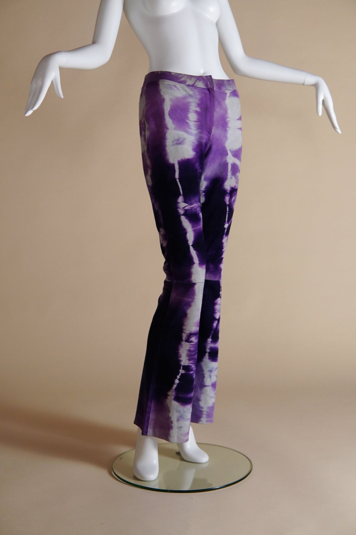 F/W 1999 Gucci by Tom Ford documented suede tie-dye purple and grey flare pant - S