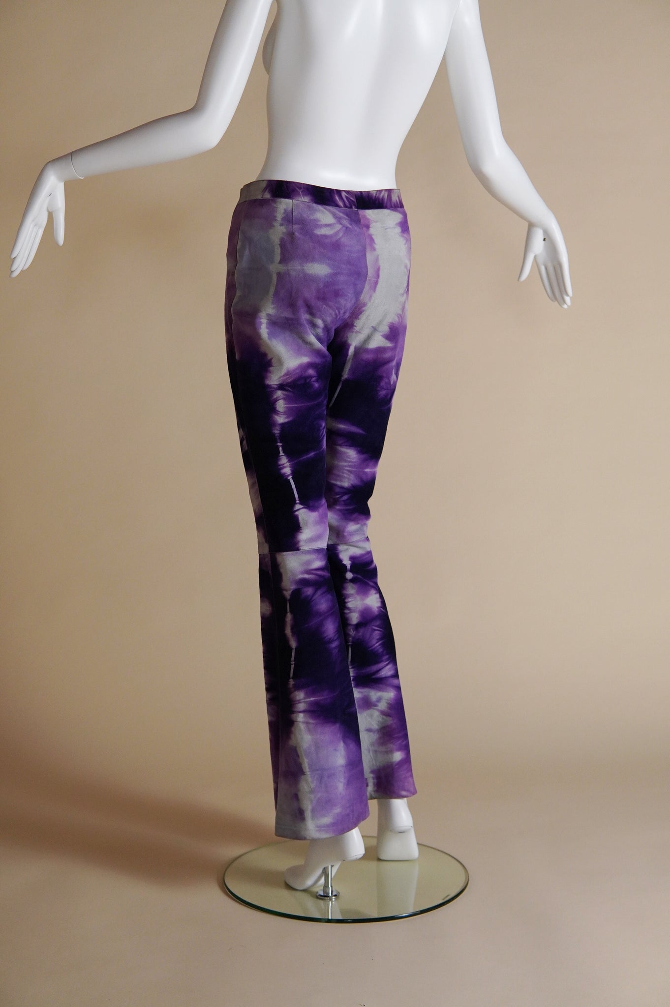 F/W 1999 Gucci by Tom Ford documented suede tie-dye purple and grey flare pant - S