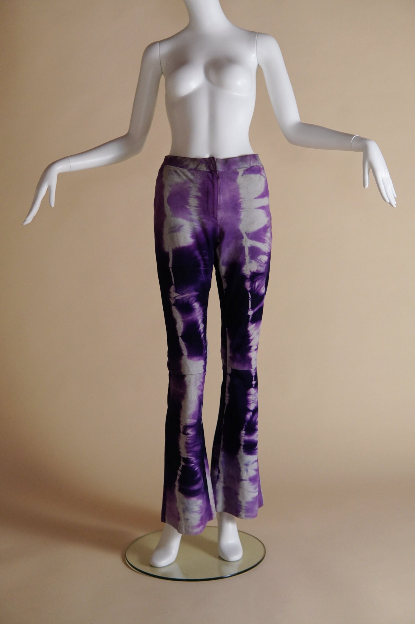 F/W 1999 Gucci by Tom Ford documented suede tie-dye purple and grey flare pant - S