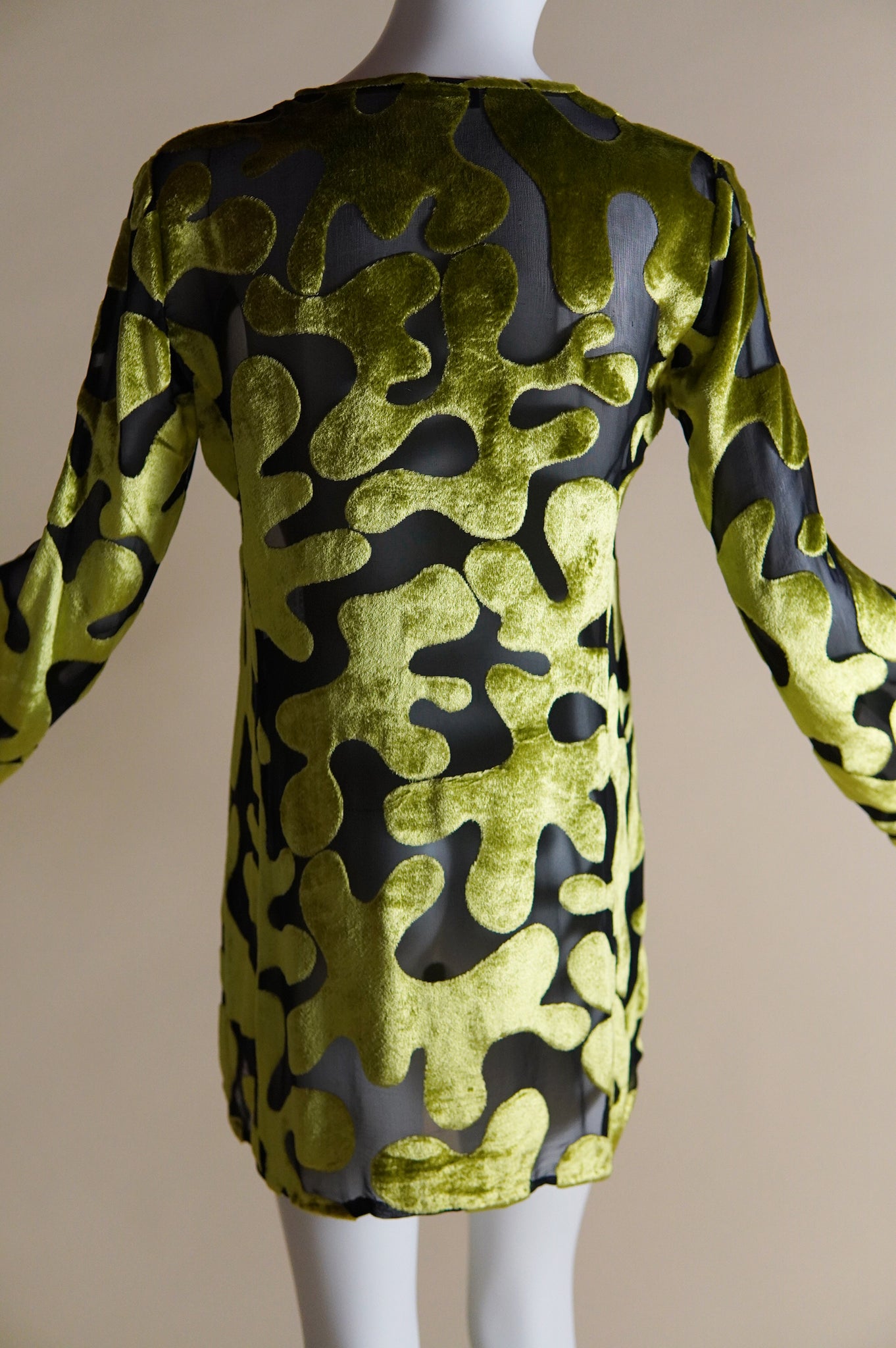 S/S 1996 Gucci by Tom Ford runway and campaign silk velvet burnout green and black dress - XS/S