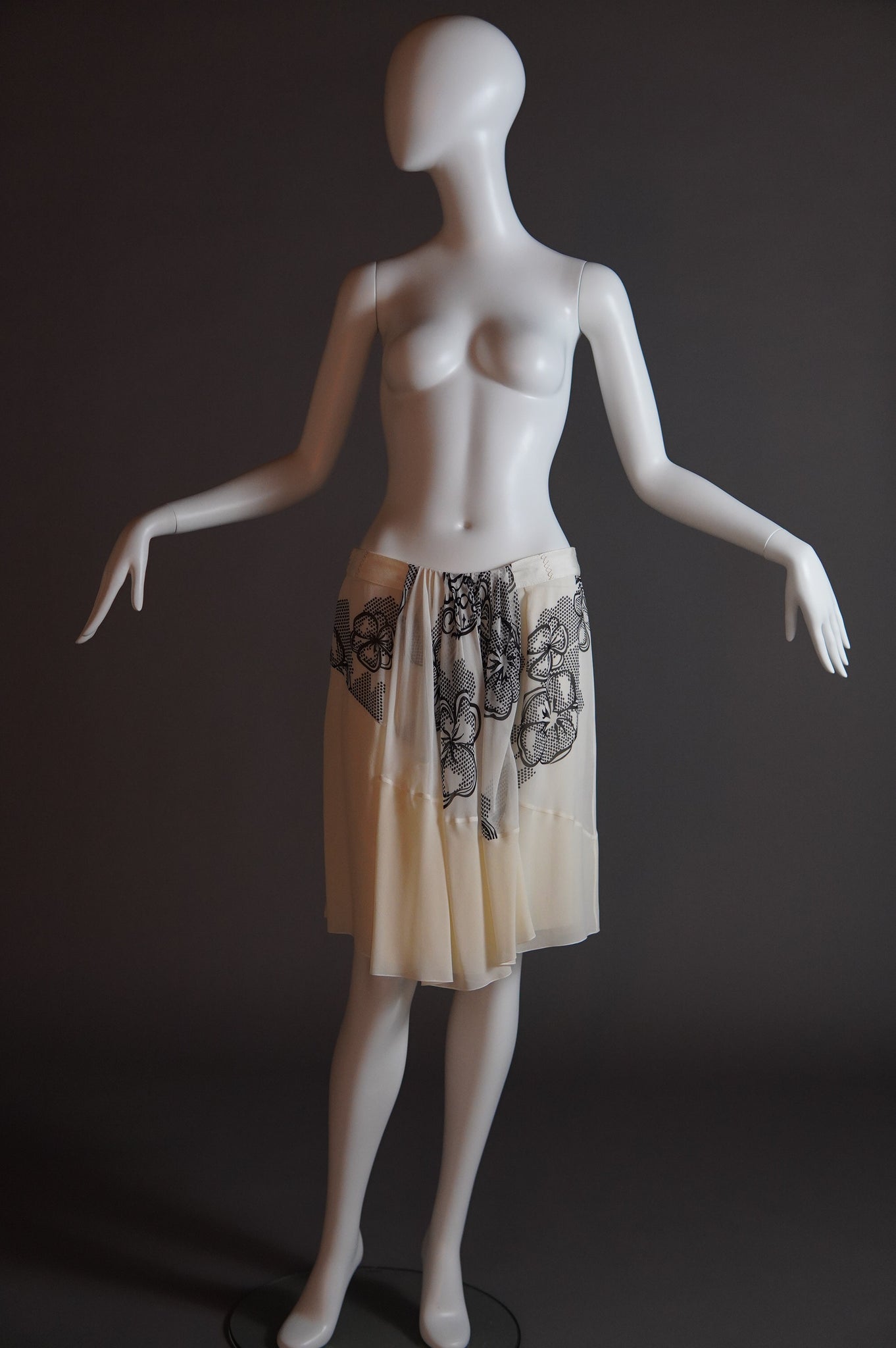 S/S 2007 John Galliano runway silk skirt with black and white floral - XS/S/M