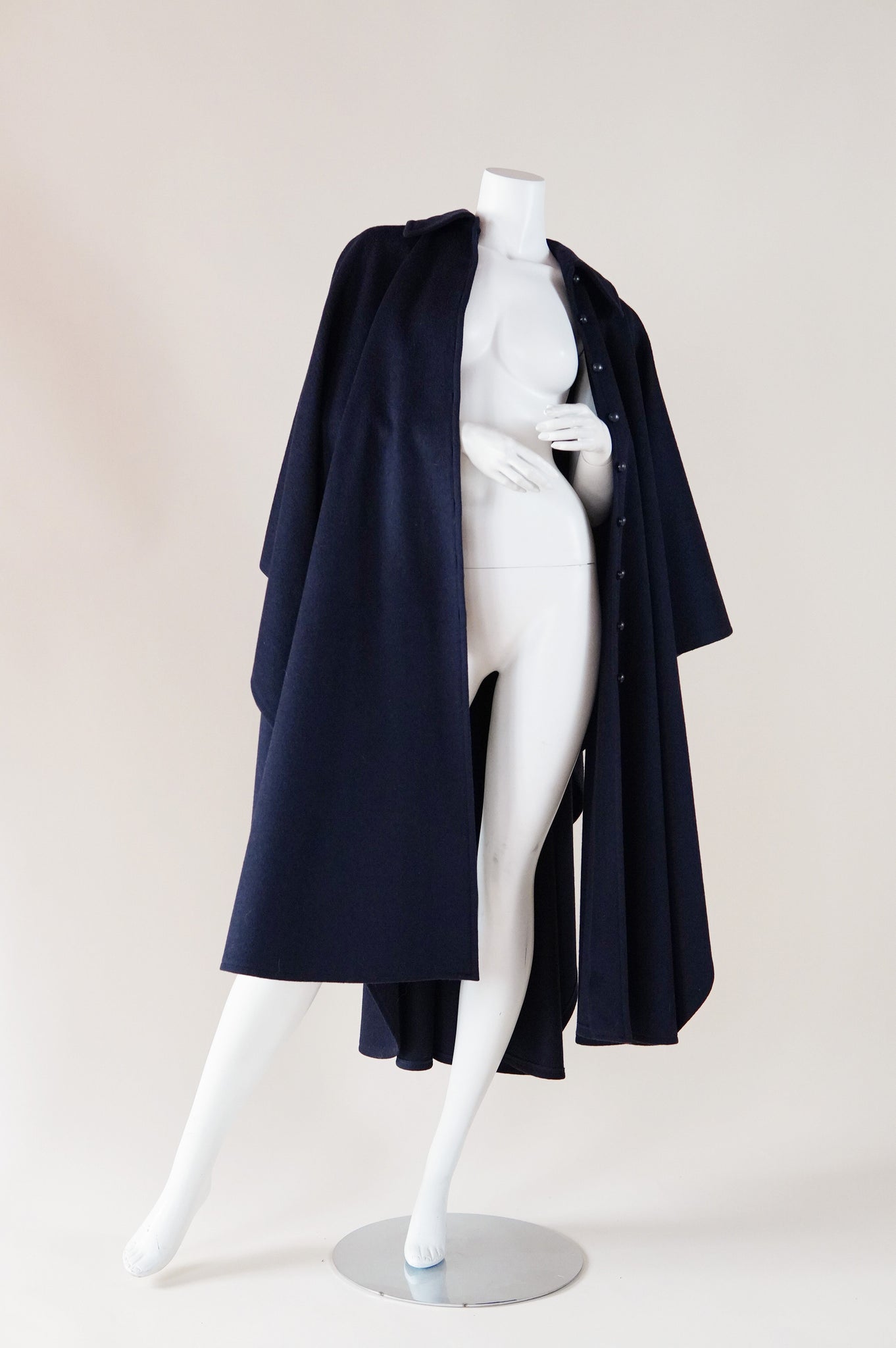 documented Fall 1975 Yves Saint Laurent Rive Gauche navy blue wool cape  with buttons