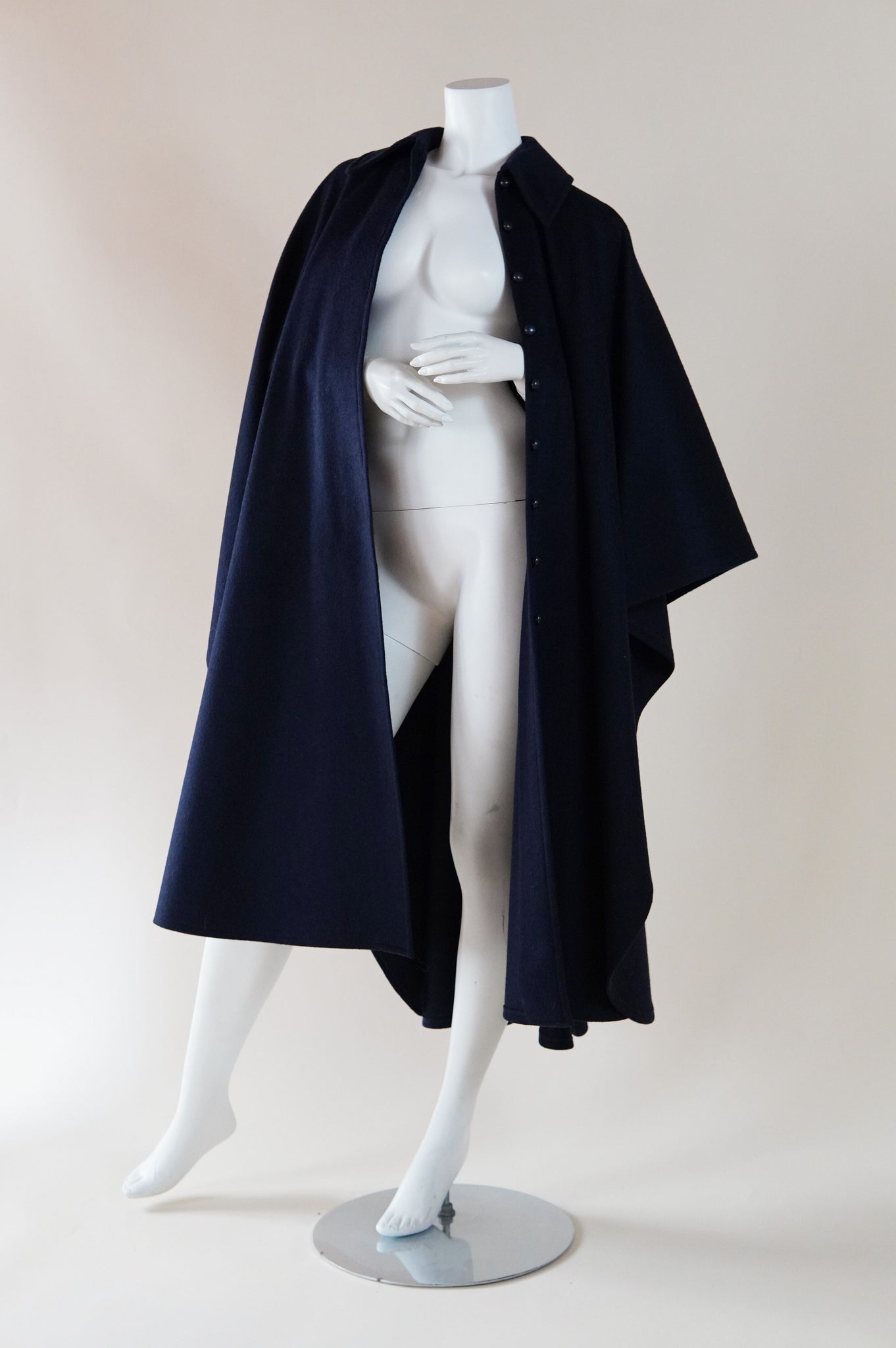 documented Fall 1975 Yves Saint Laurent Rive Gauche navy blue wool cape with buttons