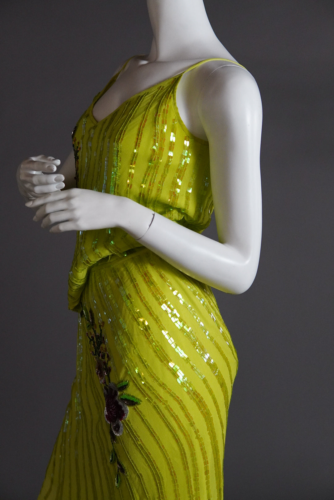 acid green two piece bias cut silk set with intricate beading - XS/S