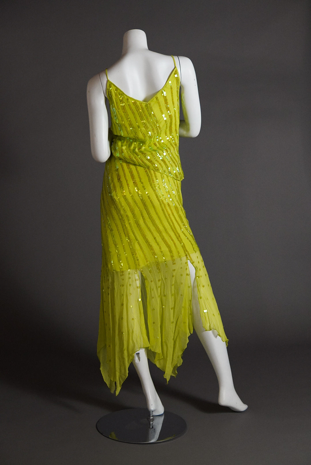 acid green two piece bias cut silk set with intricate beading - XS/S