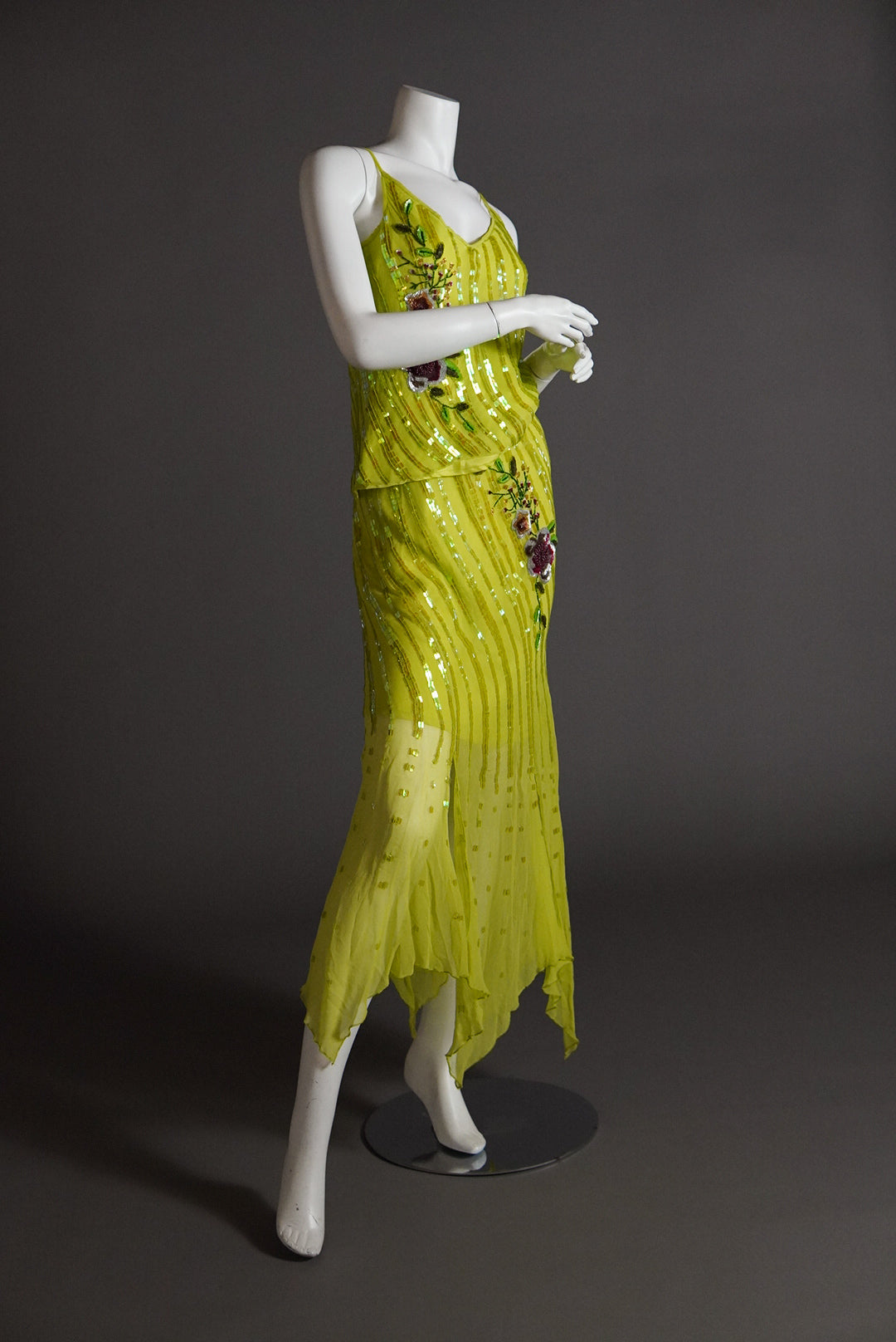 acid green two piece bias cut silk set with intricate beading - XS/S