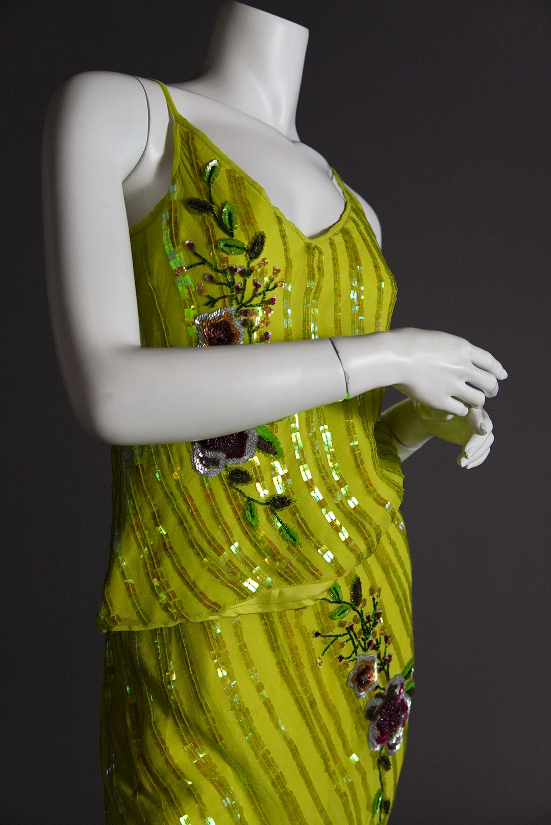 acid green two piece bias cut silk set with intricate beading - XS/S