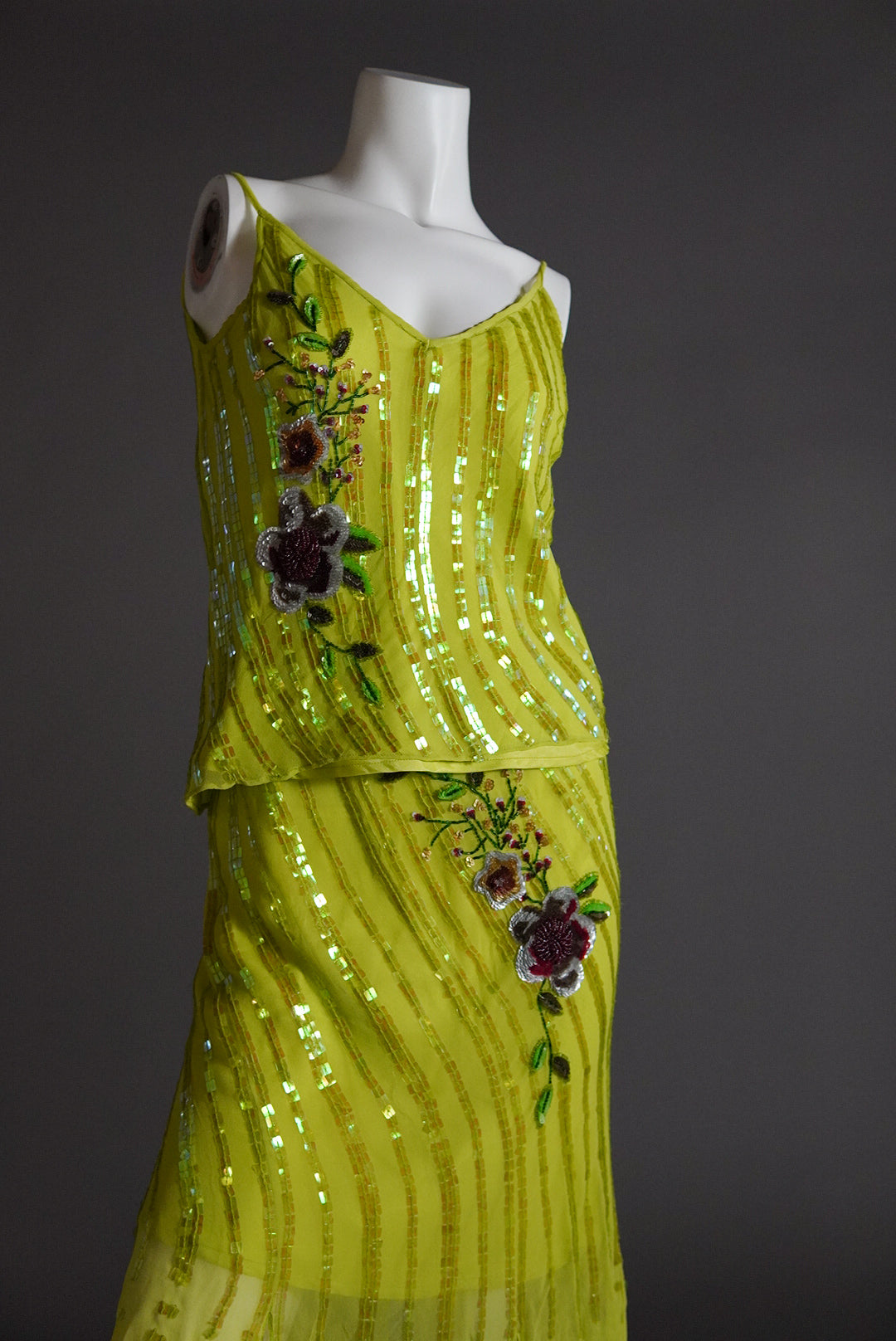 acid green two piece bias cut silk set with intricate beading - XS/S