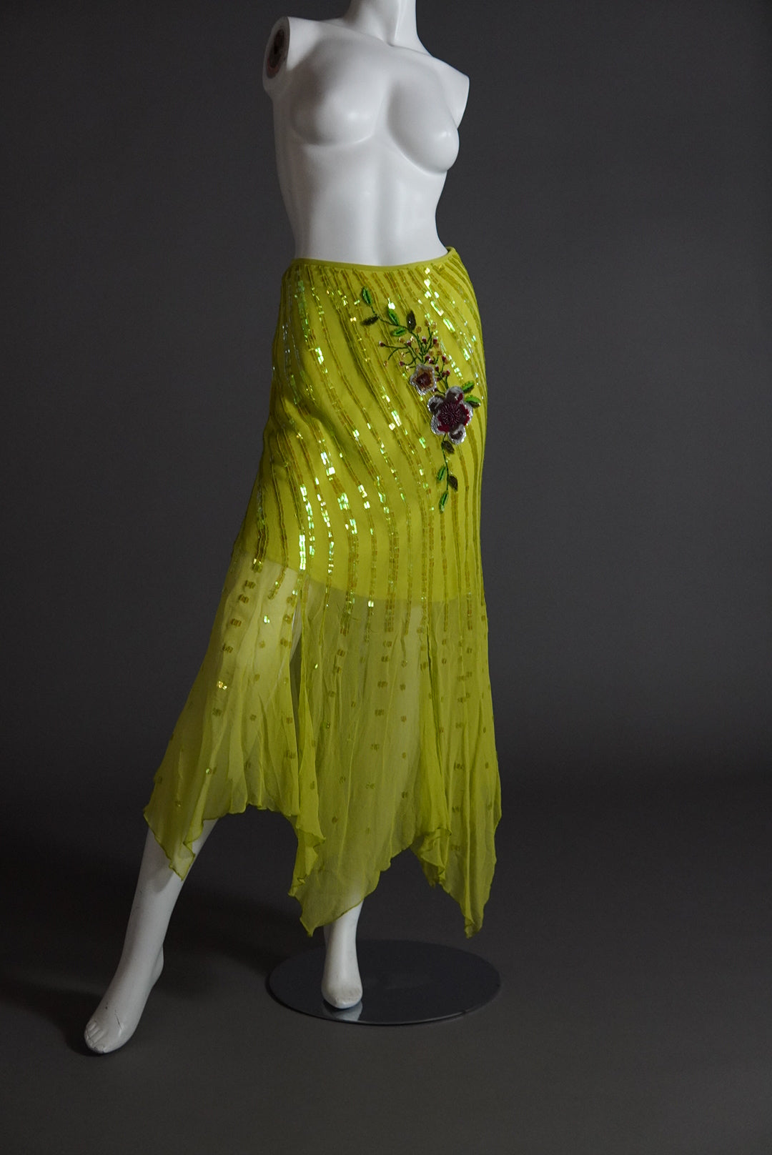 acid green two piece bias cut silk set with intricate beading - XS/S