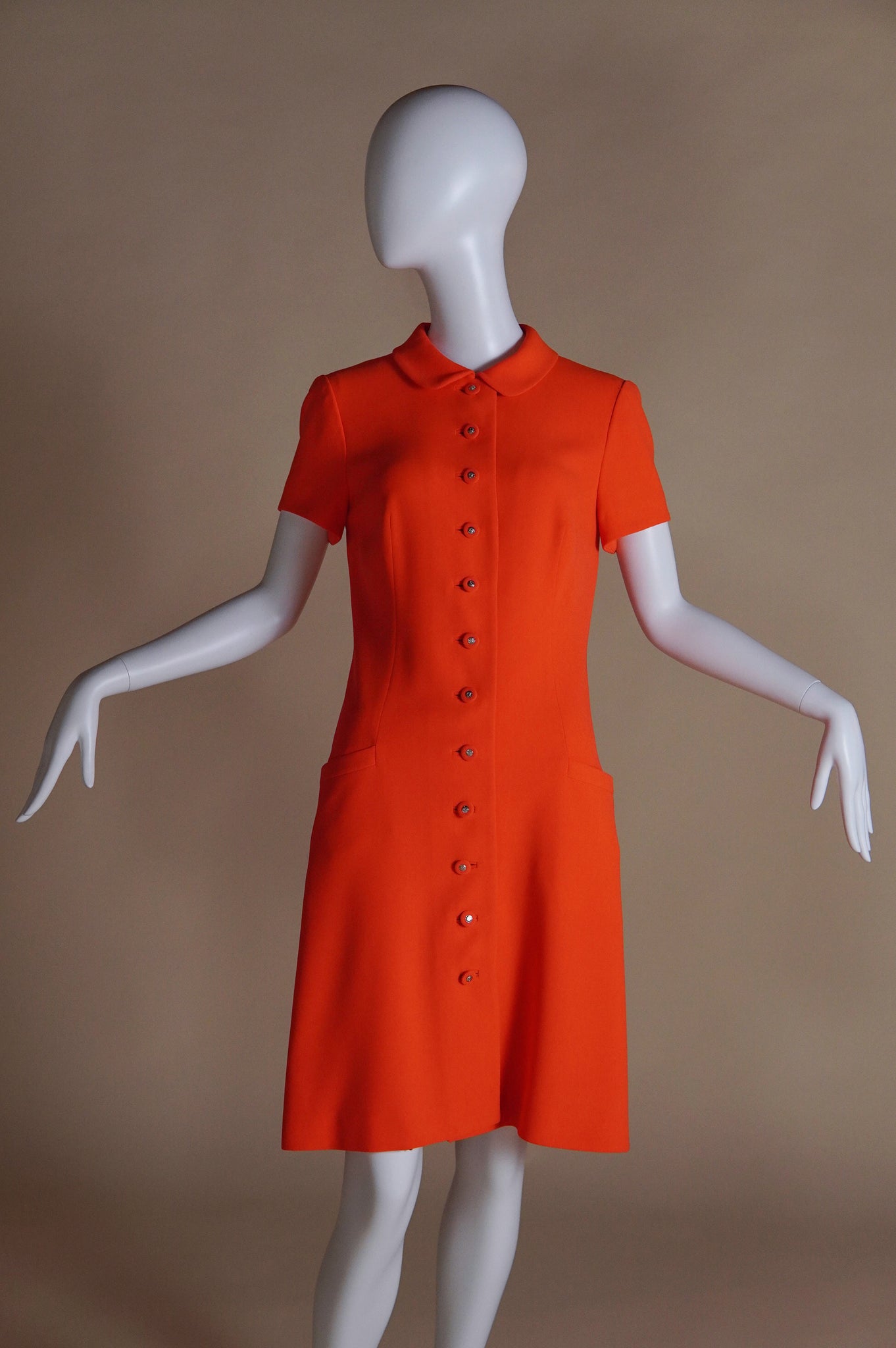 S/S 1996 Gianni Versace mod neon orange midi dress with medusa buttons - S/M
