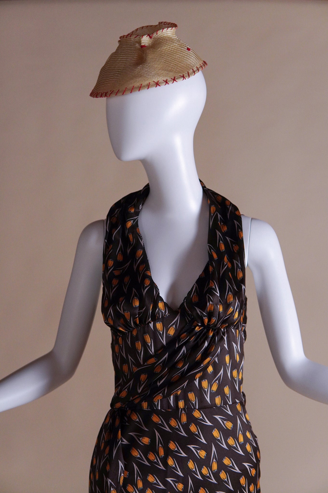F/W 2000 Miu Miu campaign silk bias cut dress and straw hat with red stitching - XS