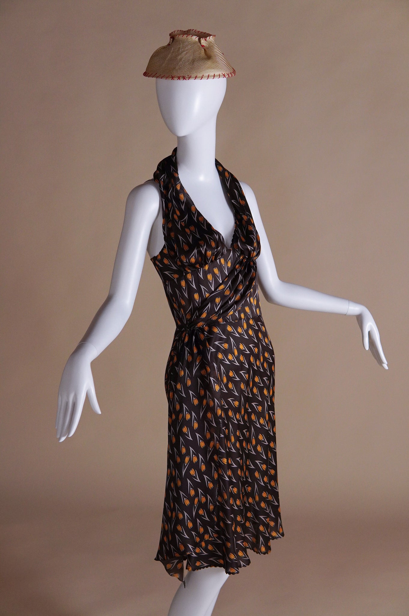 F/W 2000 Miu Miu campaign silk bias cut dress and straw hat with red stitching - XS