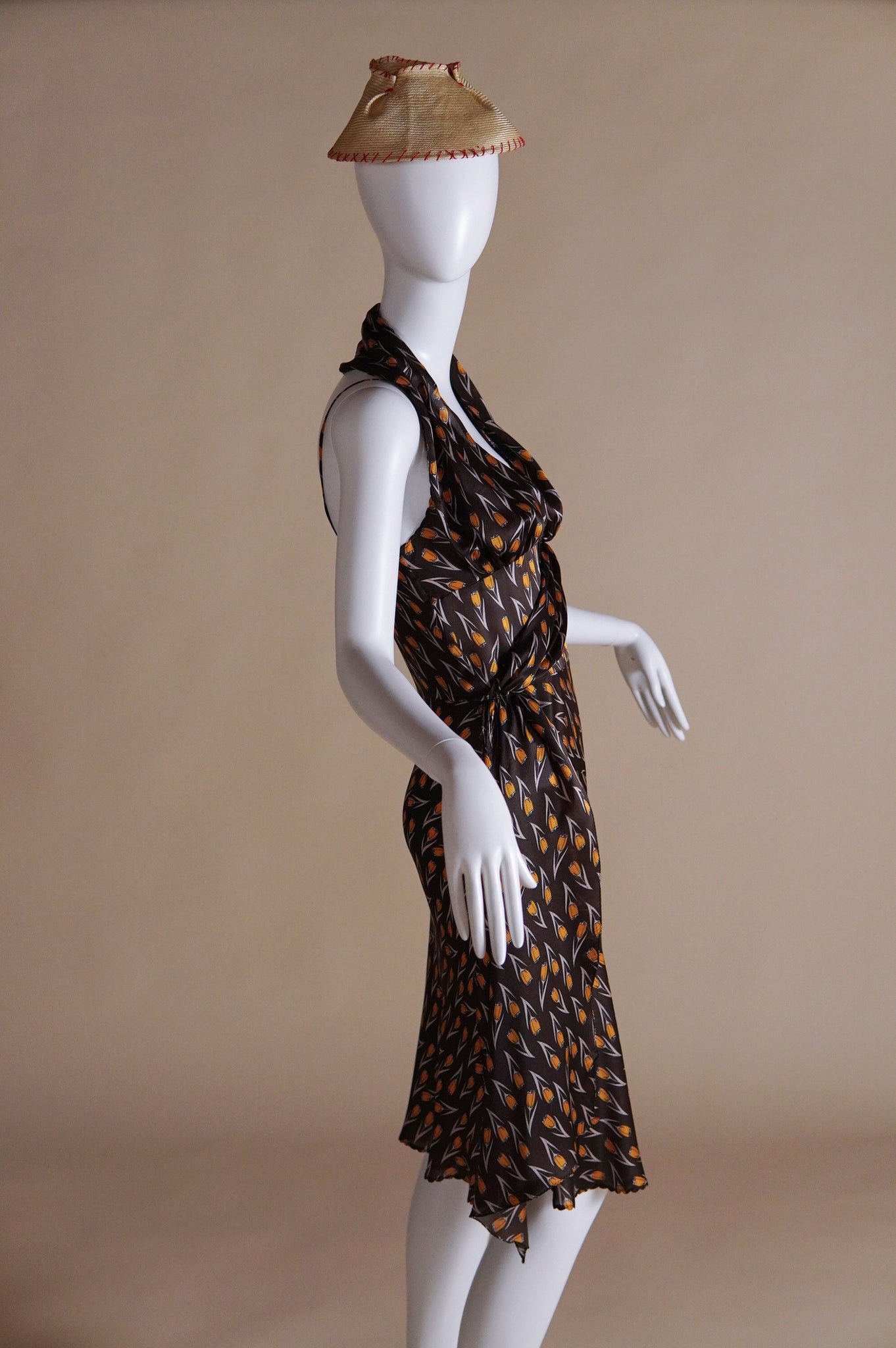 F/W 2000 Miu Miu campaign silk bias cut dress and straw hat with red stitching - XS