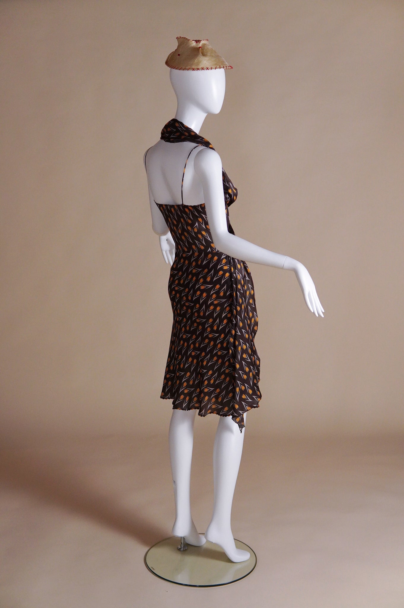 F/W 2000 Miu Miu campaign silk bias cut dress and straw hat with red stitching - XS