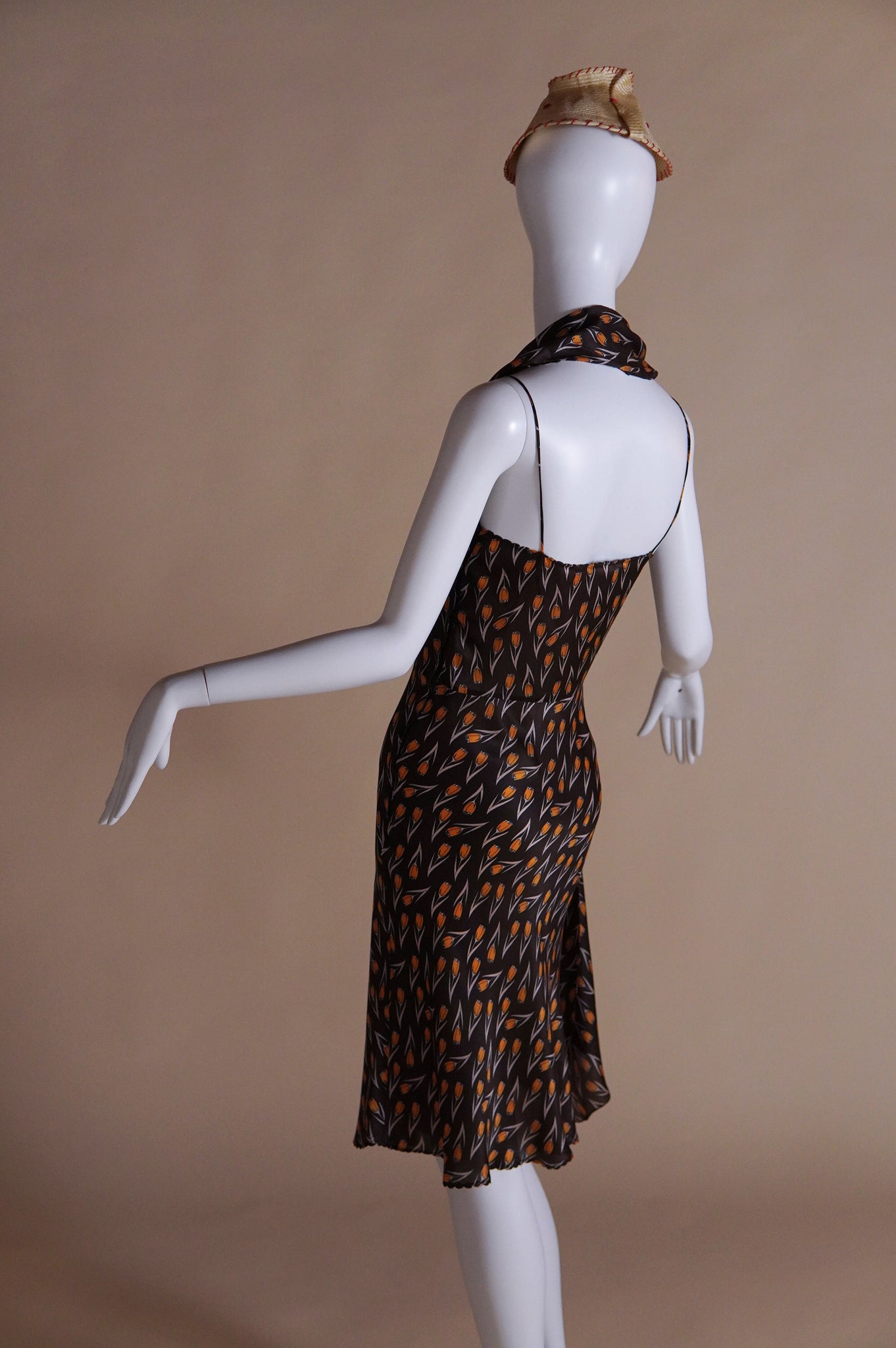 F/W 2000 Miu Miu campaign silk bias cut dress and straw hat with red stitching - XS