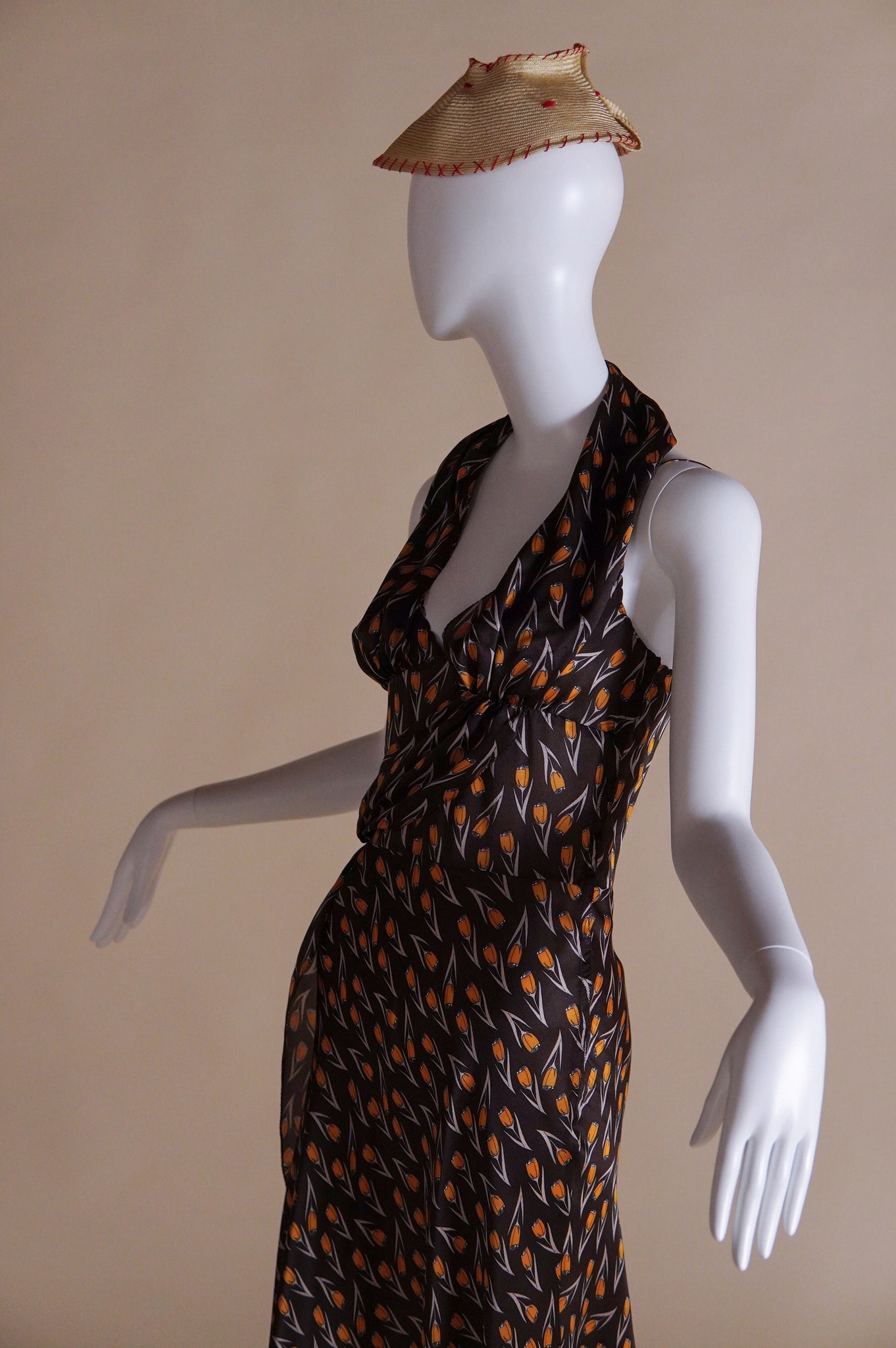 F/W 2000 Miu Miu campaign silk bias cut dress and straw hat with red stitching - XS