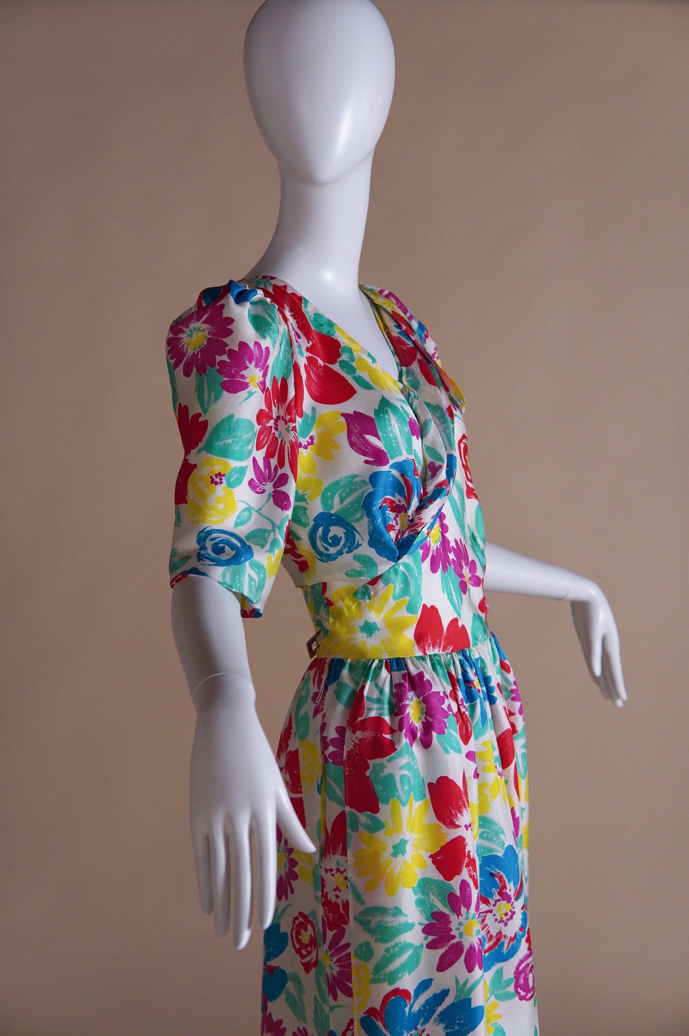 1980s Pierre Balmain silk bright floral dress with puff sleeve - M