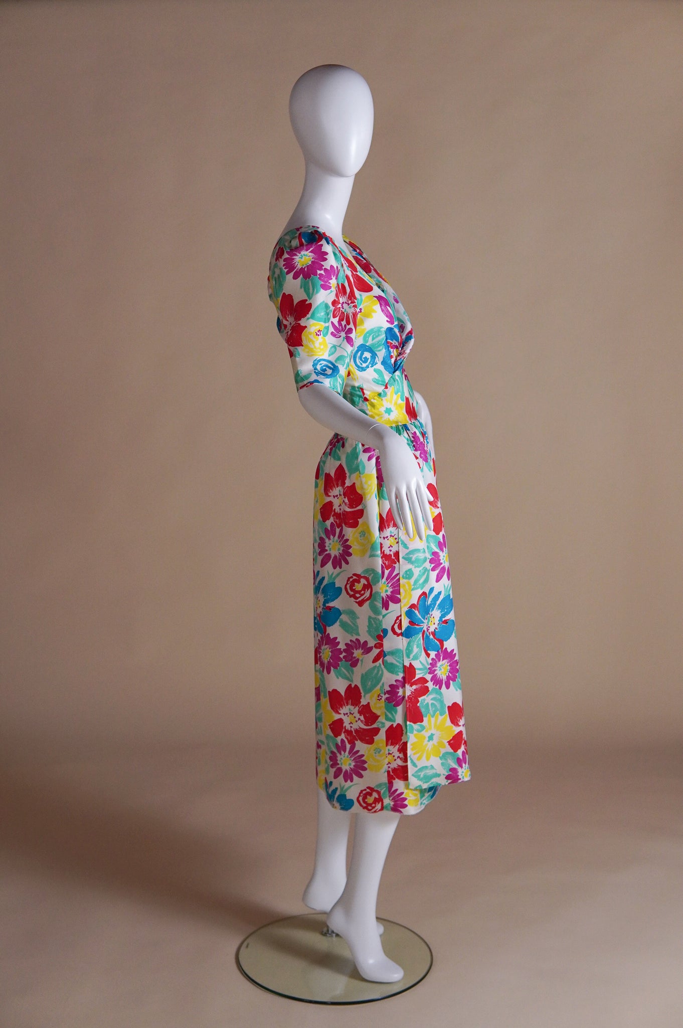 1980s Pierre Balmain silk bright floral dress with puff sleeve - M