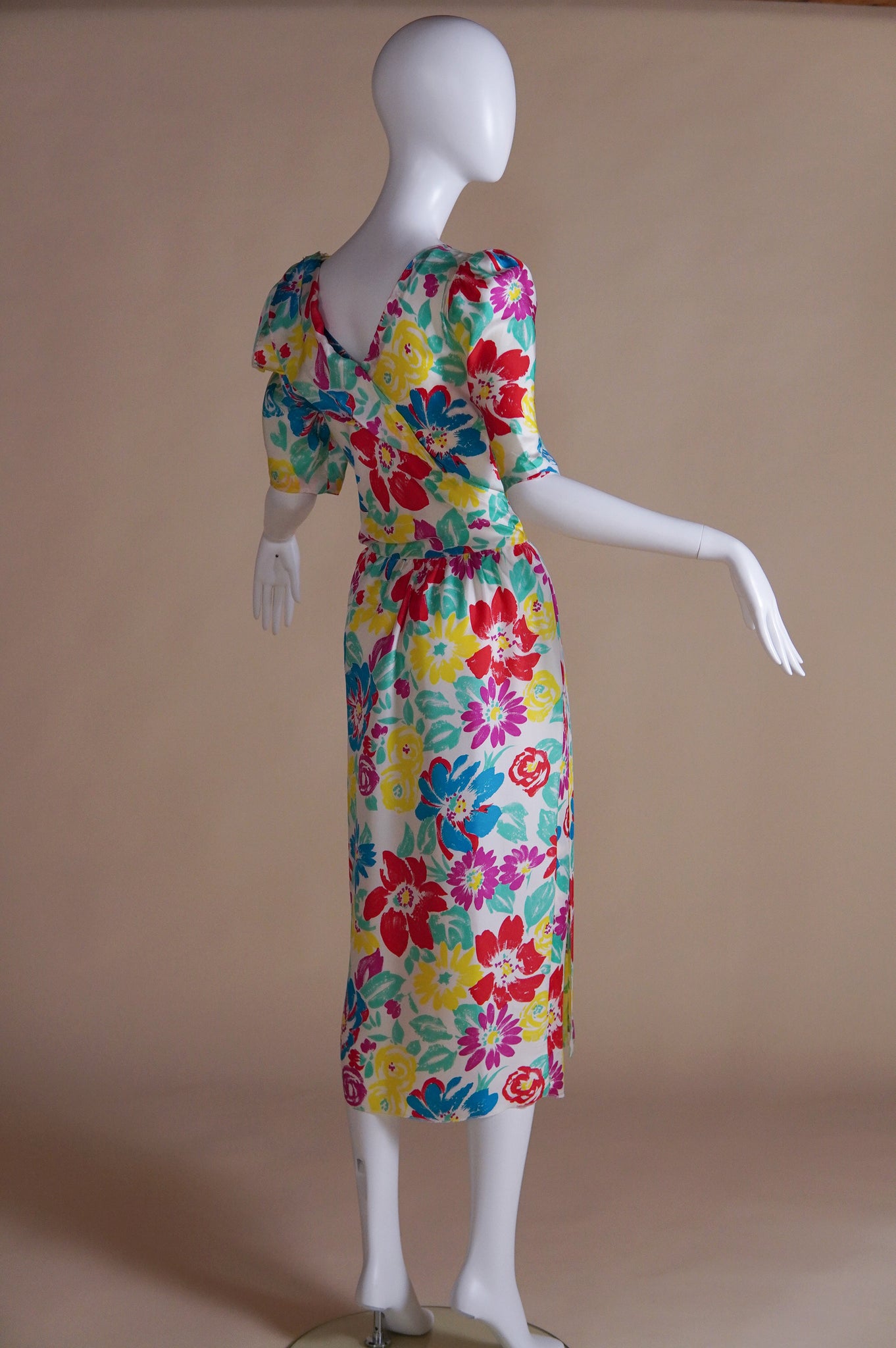 1980s Pierre Balmain silk bright floral dress with puff sleeve - M