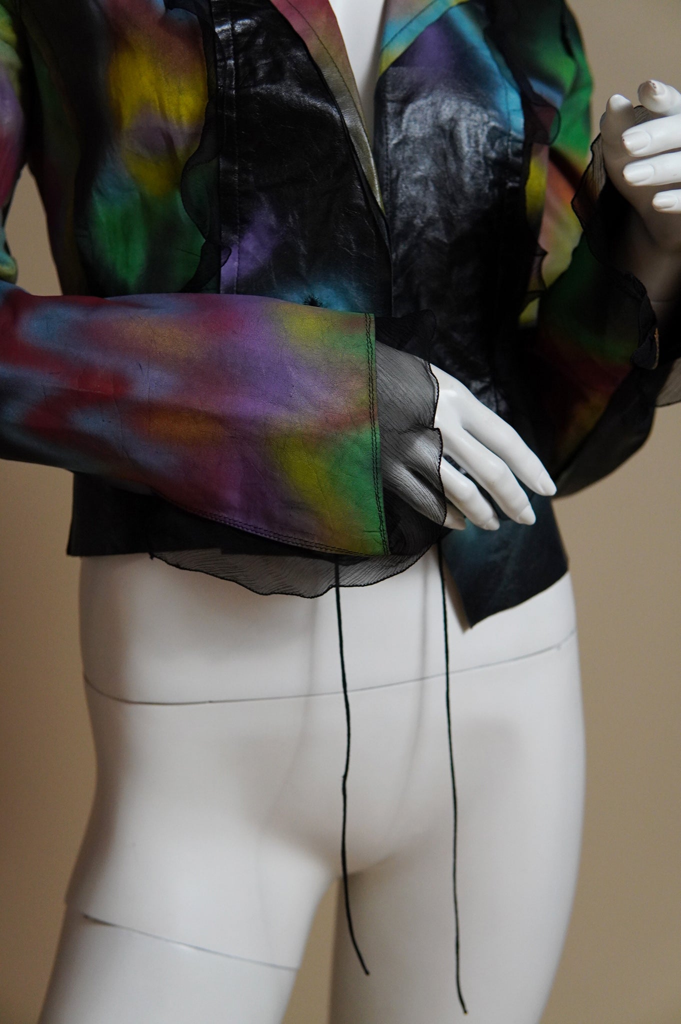 S/S 2000 Fendi by Karl Lagerfeld rare runway spray painted leather jacket with chiffon trim - XS/S