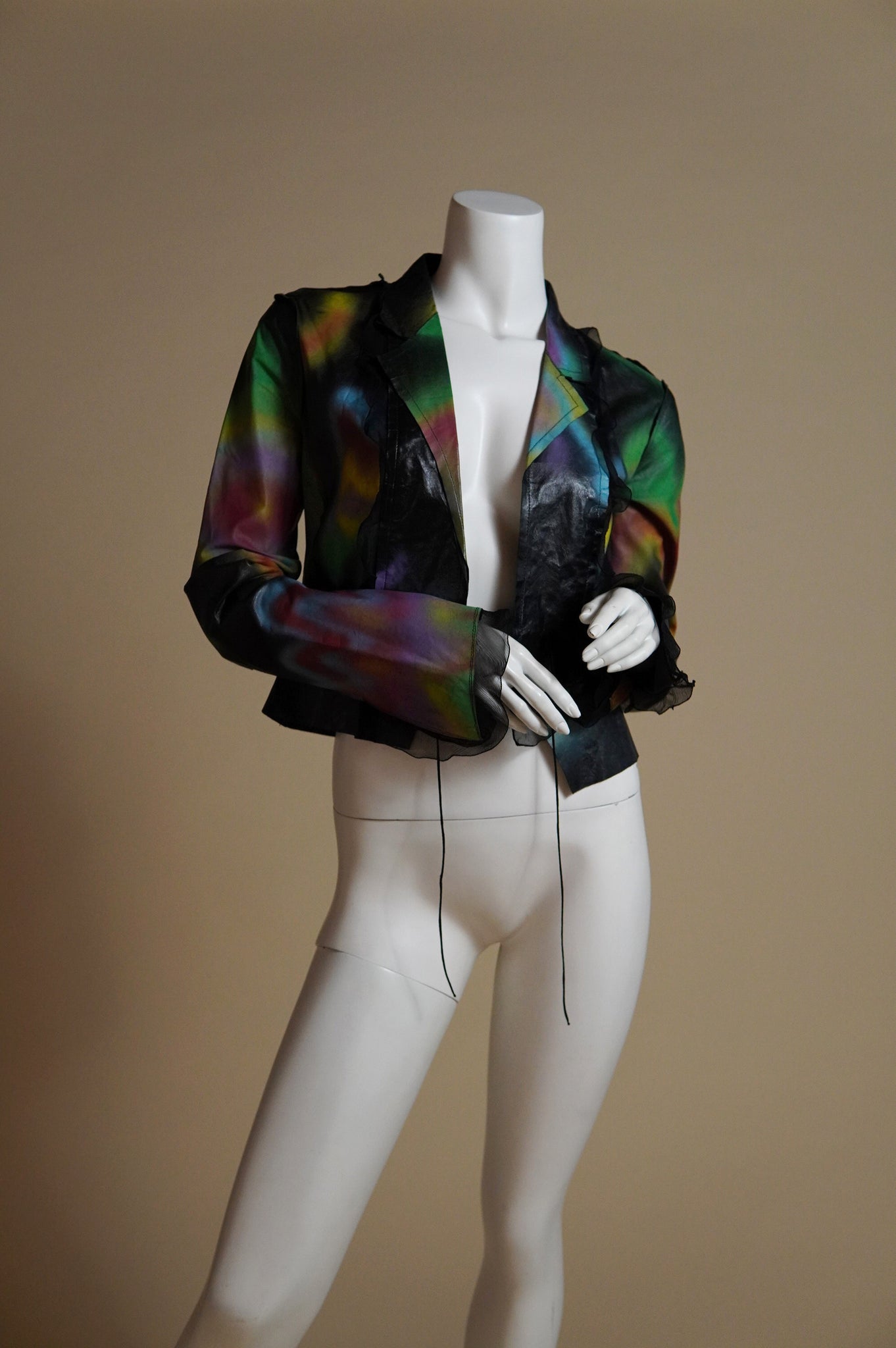 S/S 2000 Fendi by Karl Lagerfeld rare runway spray painted leather jacket with chiffon trim - XS/S